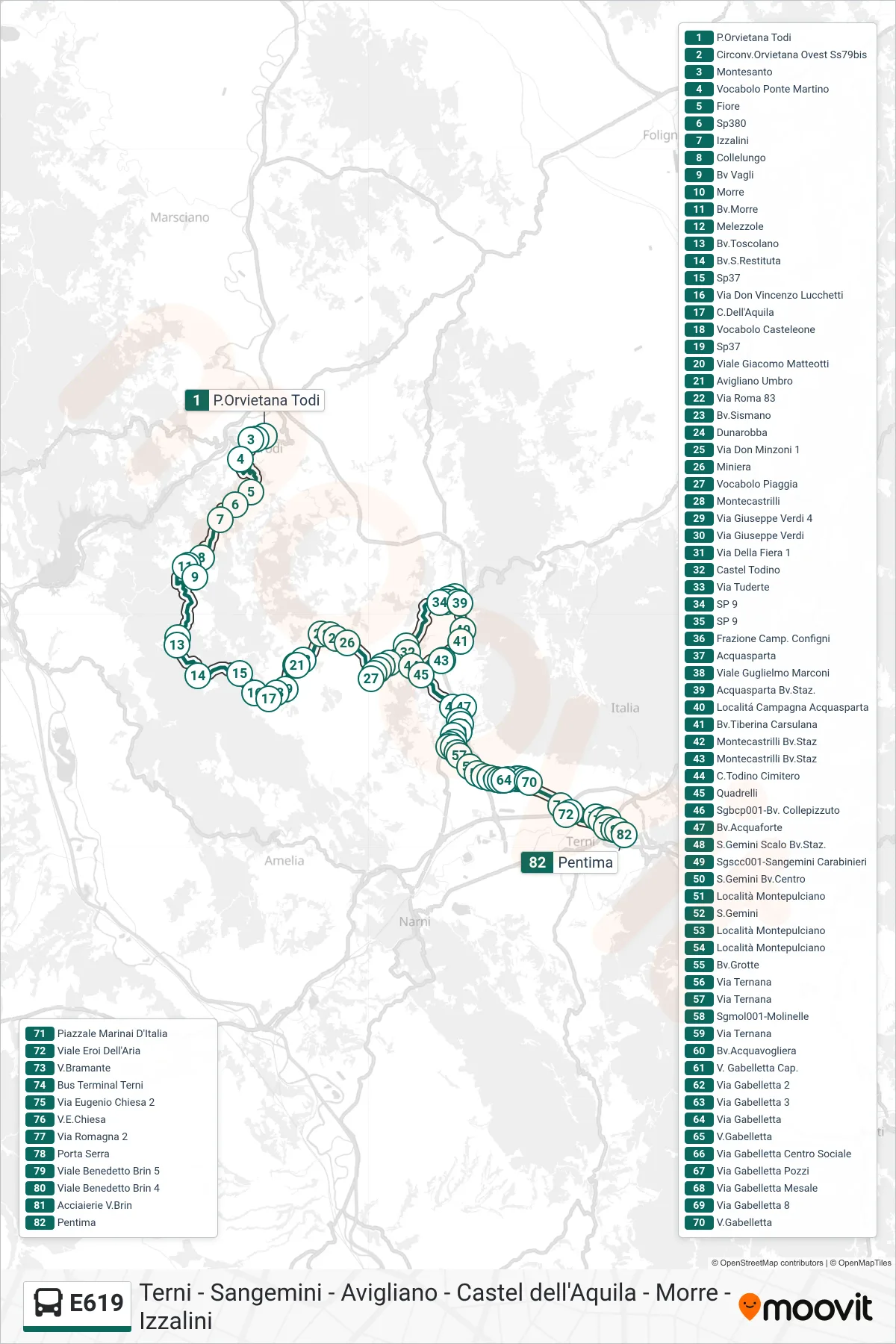 Linea E619  bus (P.Orvietana Todi‎→Pentima) - Percorsi e fermate sulla mappa