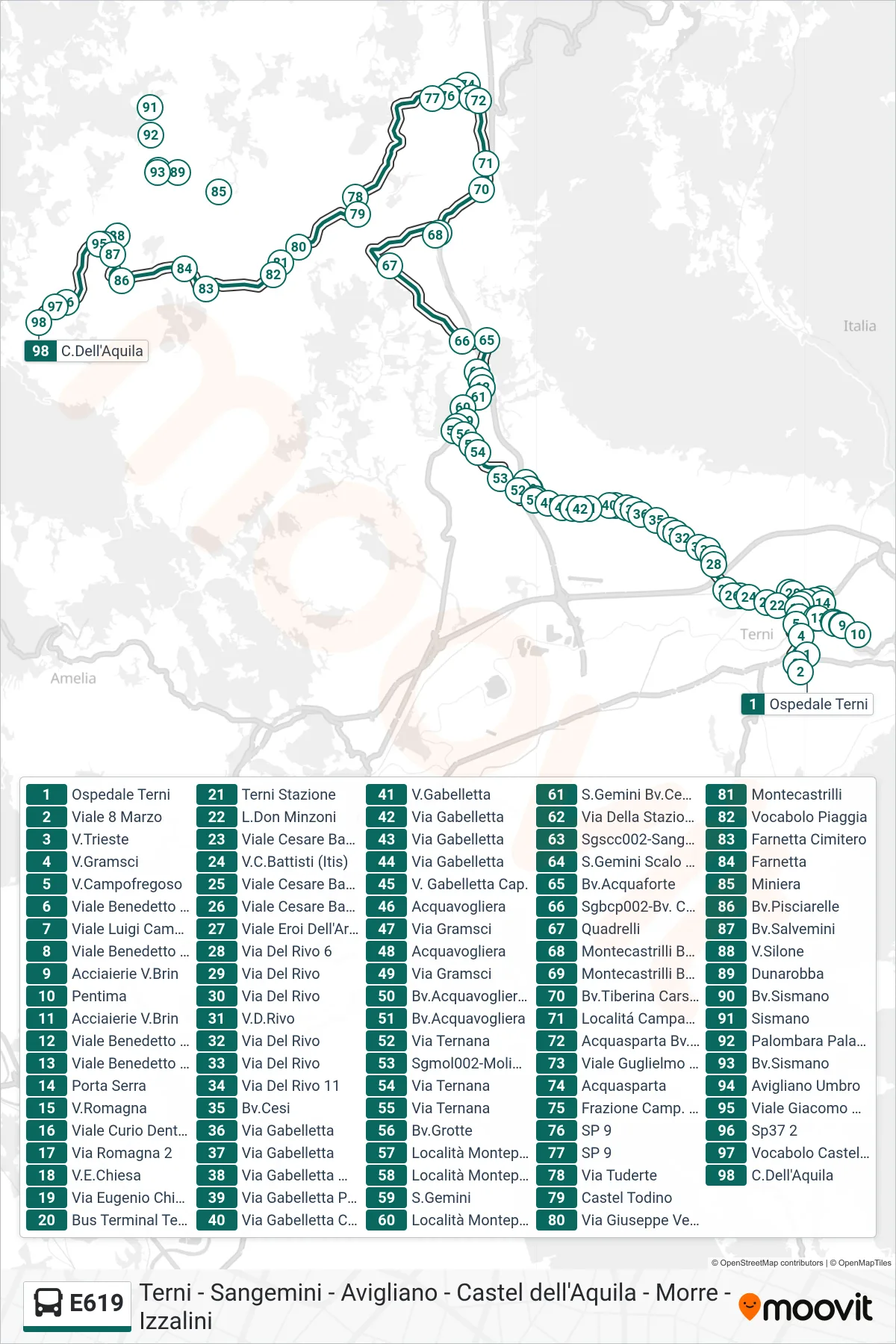 Linea E619  bus (Ospedale Terni‎→C.Dell'Aquila) - Percorsi e fermate sulla mappa