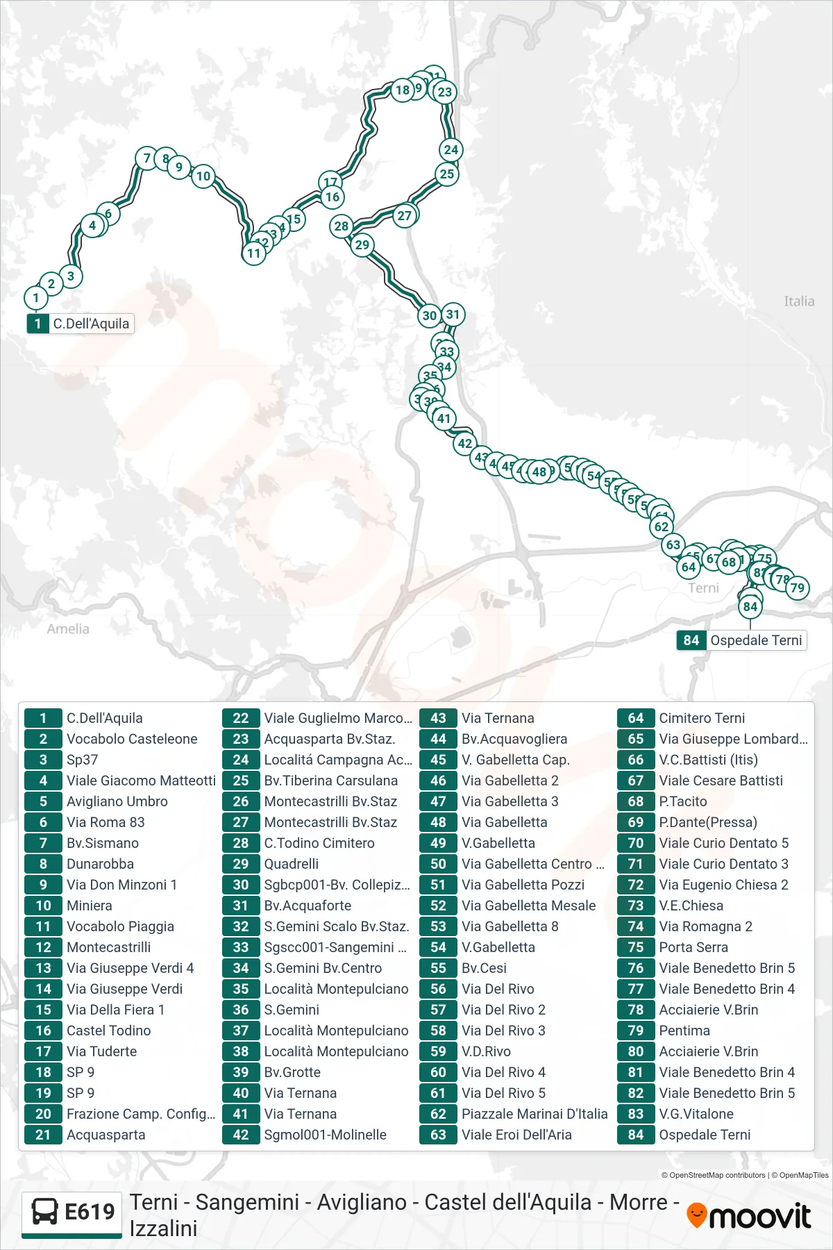 Linea E619  bus (C.Dell'Aquila‎→Ospedale Terni) - Percorsi e fermate sulla mappa
