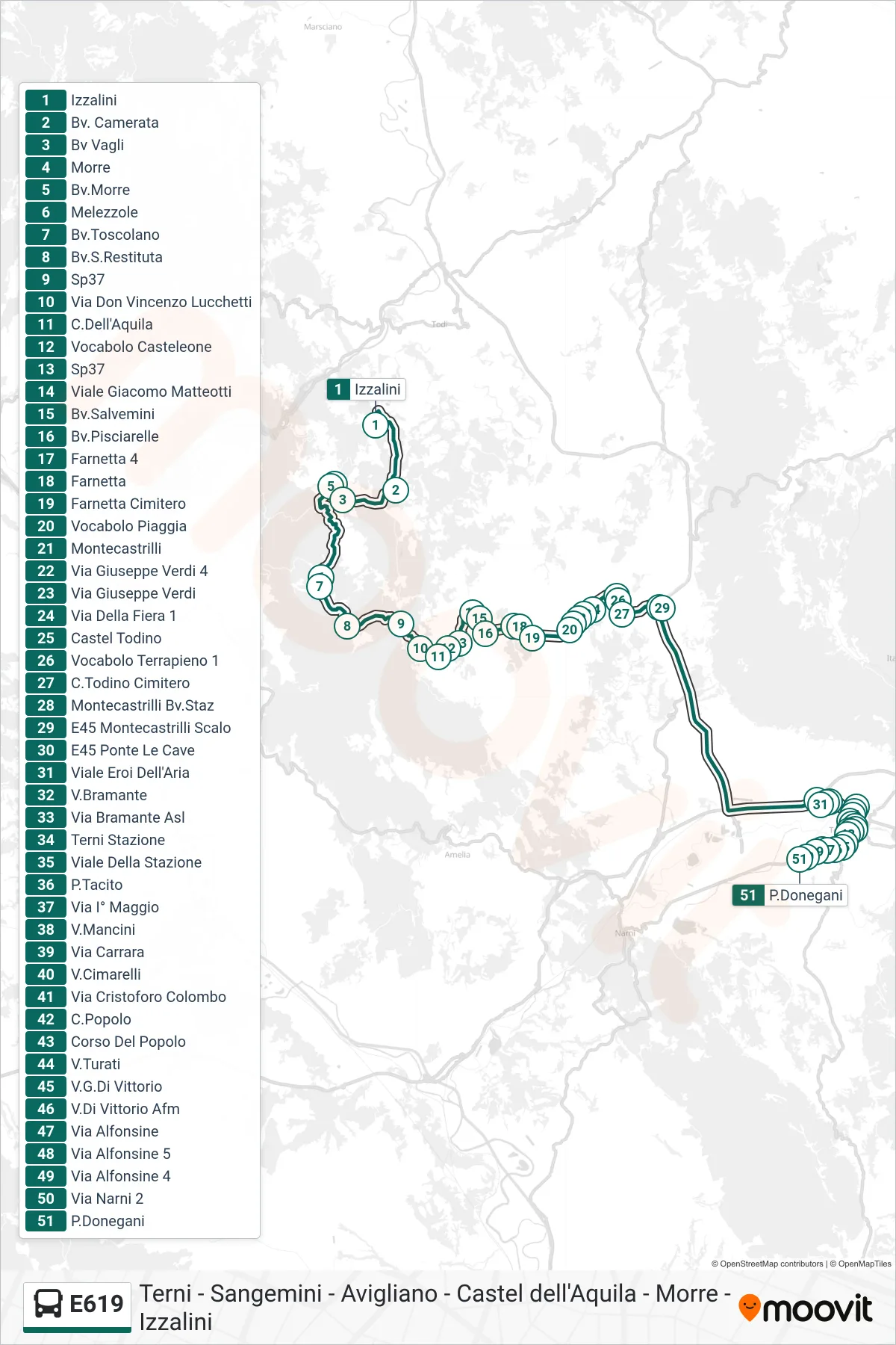 Linea E619 bus (Izzalini→P.Donegani) - Percorsi e fermate sulla mappa
