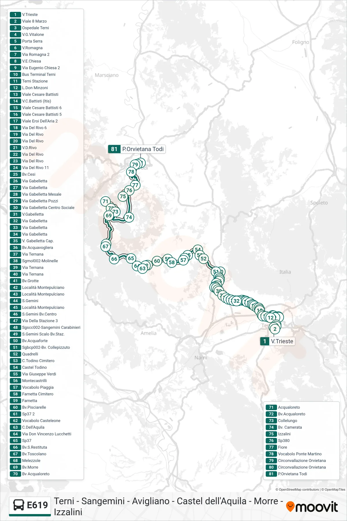 Linea E619 bus (V.Trieste→P.Orvietana Todi) - Percorsi e fermate sulla mappa