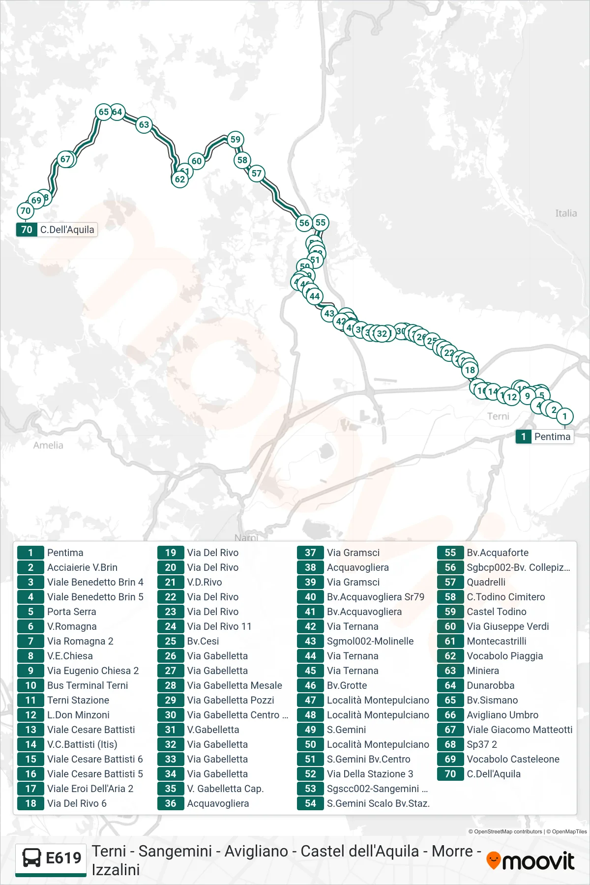 Linea E619 bus (Pentima→C.Dell'Aquila) - Percorsi e fermate sulla mappa