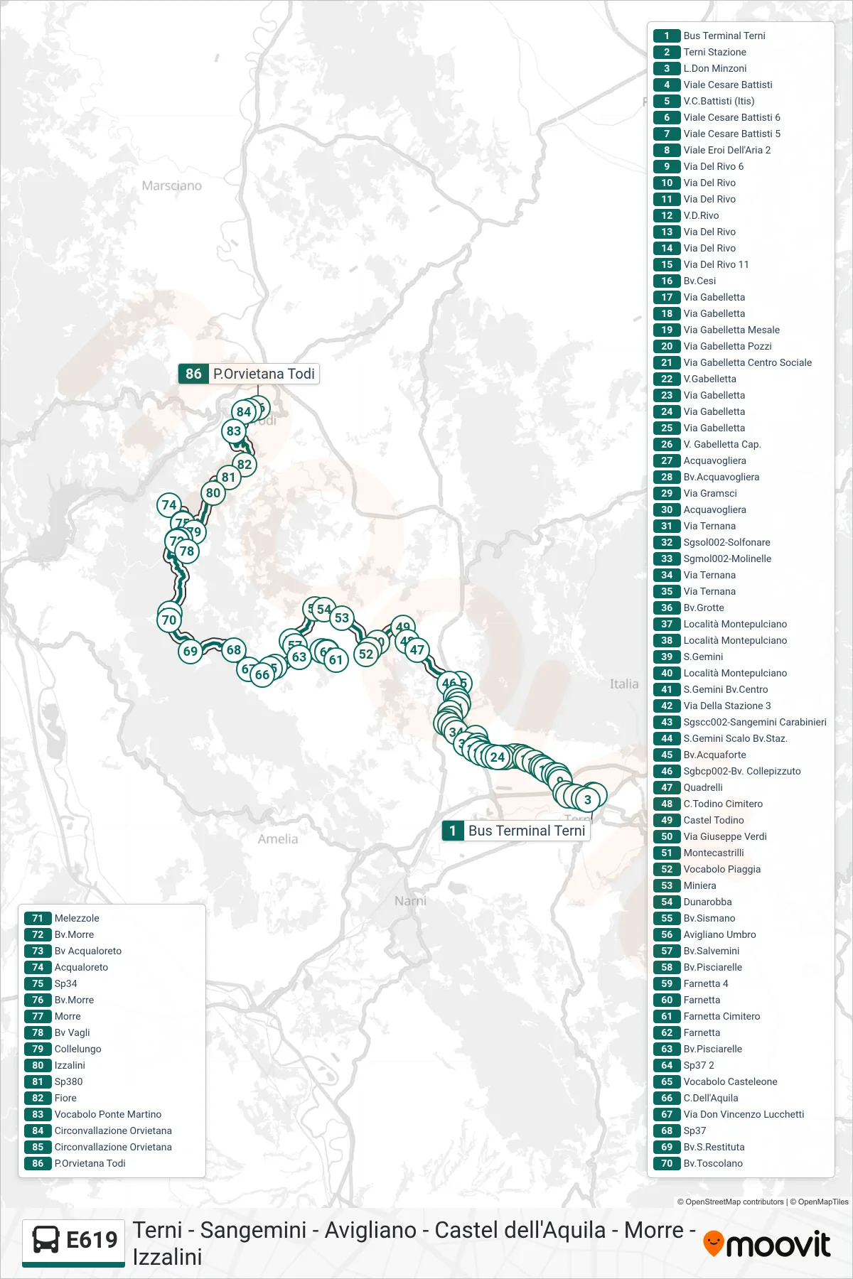 Linea E619  bus (Bus Terminal Terni‎→P.Orvietana Todi) - Percorsi e fermate sulla mappa