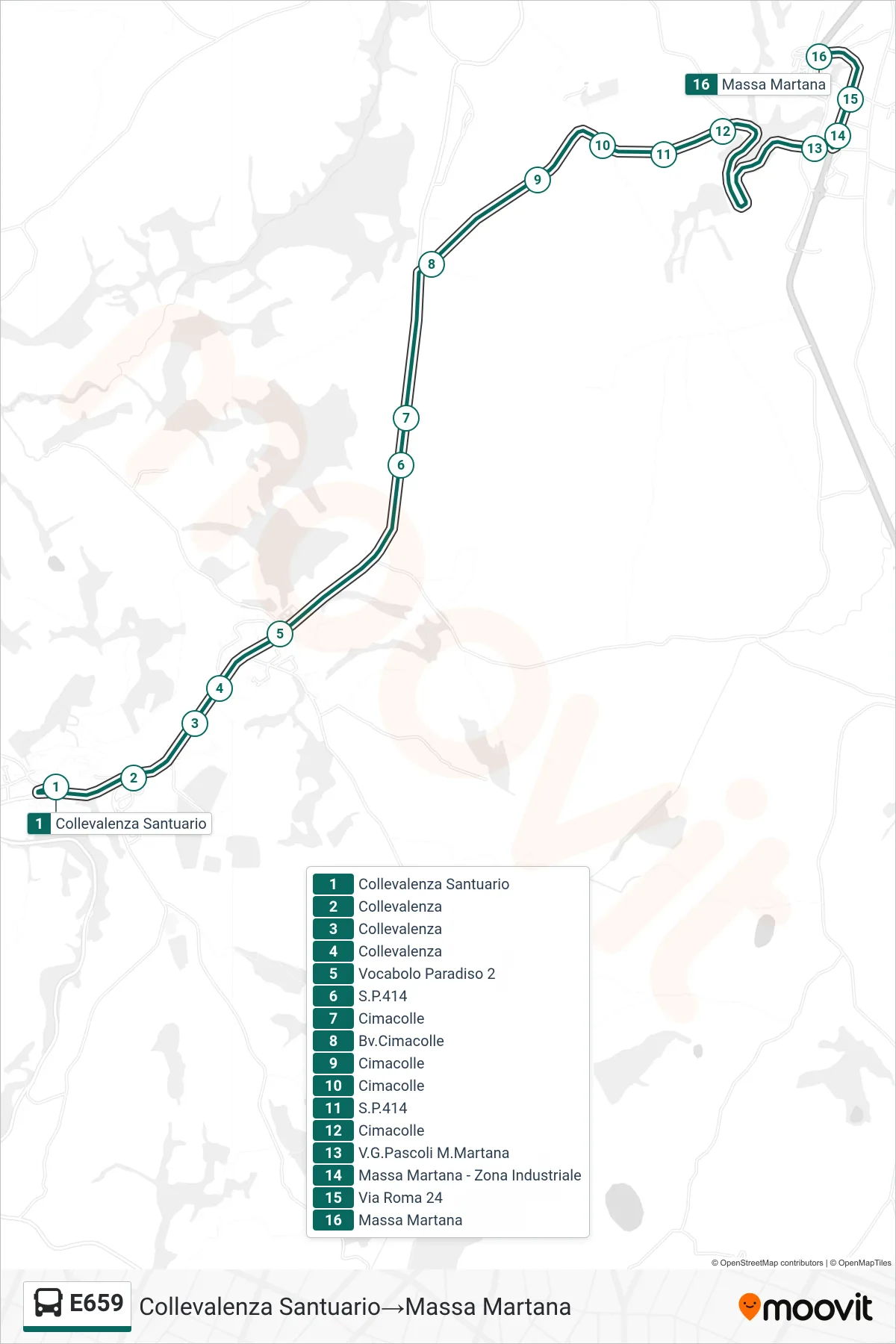 Linea E659 bus (Collevalenza Santuario→Massa Martana) - Percorsi e fermate sulla mappa