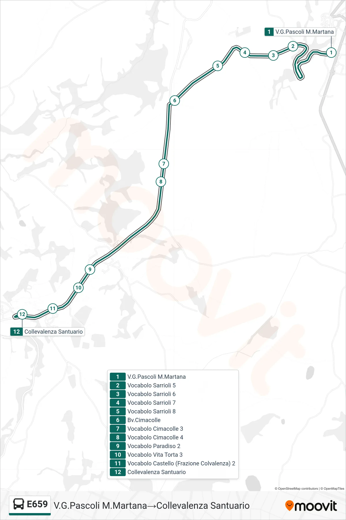 Linea E659 bus (V.G.Pascoli M.Martana→Collevalenza Santuario) - Percorsi e fermate sulla mappa