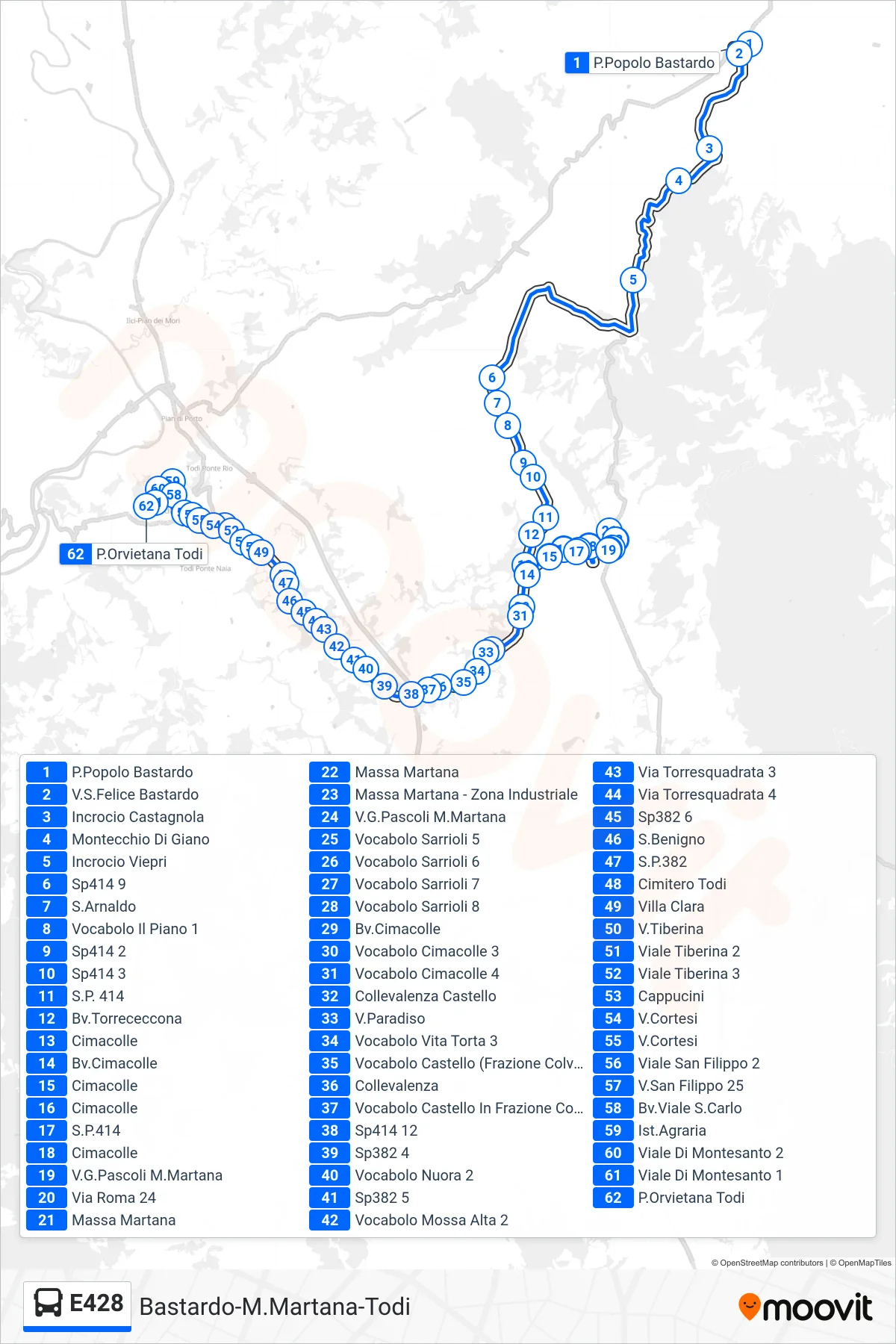Linea E428 bus (P.Popolo Bastardo→P.Orvietana Todi) - Percorsi e fermate sulla mappa