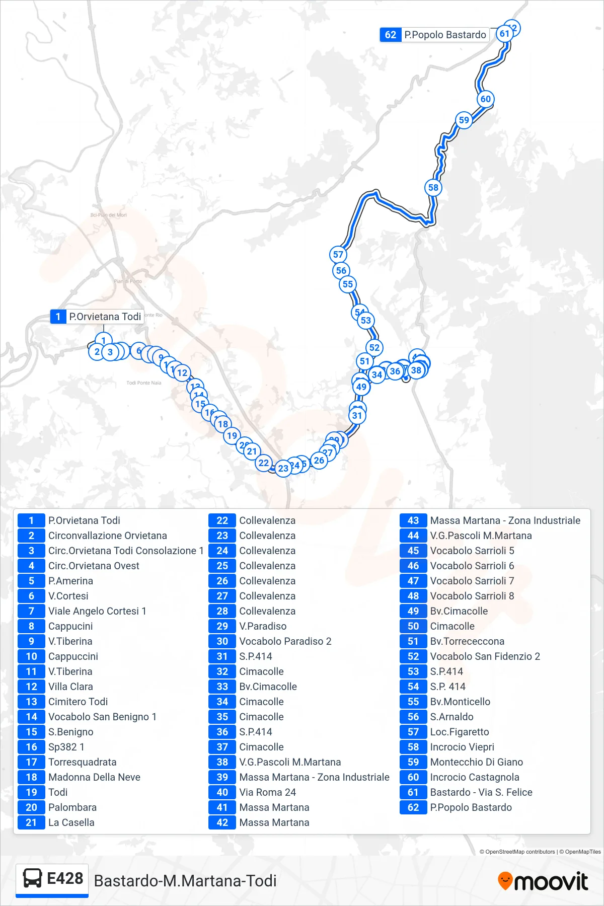 Linea E428 bus (P.Orvietana Todi→P.Popolo Bastardo) - Percorsi e fermate sulla mappa