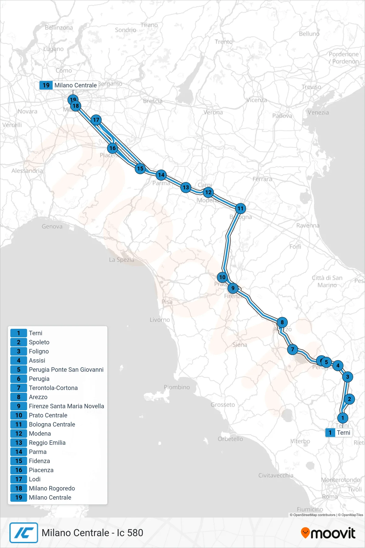 Linea IC  treno (Milano Centrale - Ic 580) - Percorsi e fermate sulla mappa