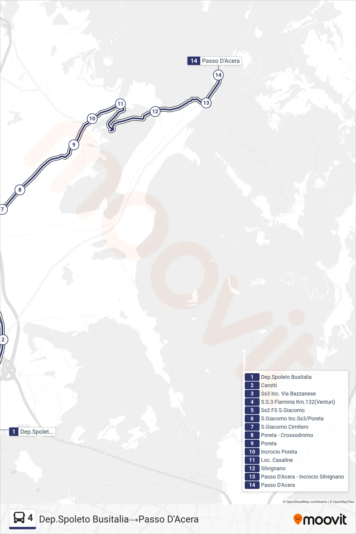 Linea 4  bus (Dep.Spoleto Busitalia‎→Passo D'Acera) - Percorsi e fermate sulla mappa