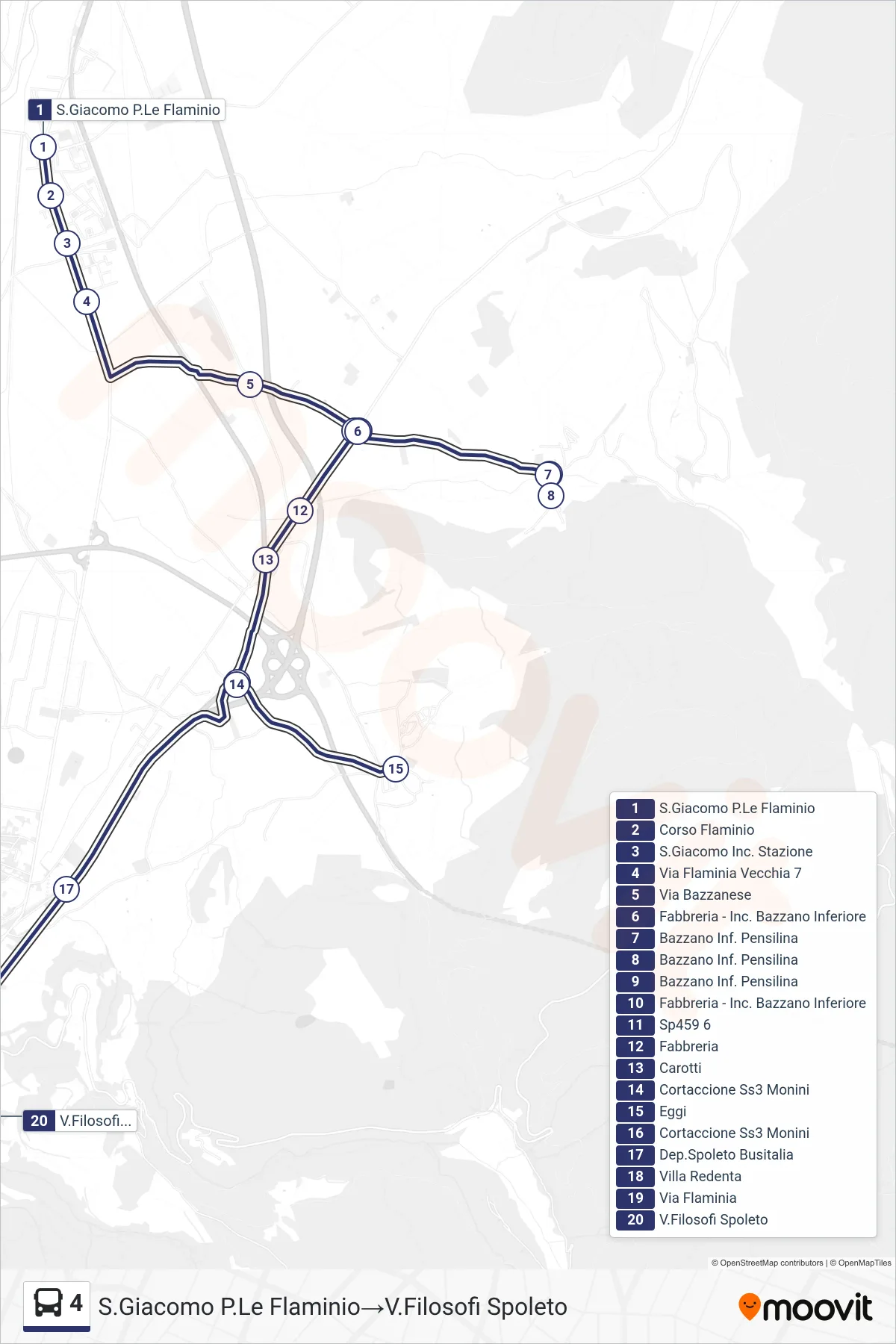 Linea 4 bus (S.Giacomo P.Le Flaminio→V.Filosofi Spoleto) - Percorsi e fermate sulla mappa