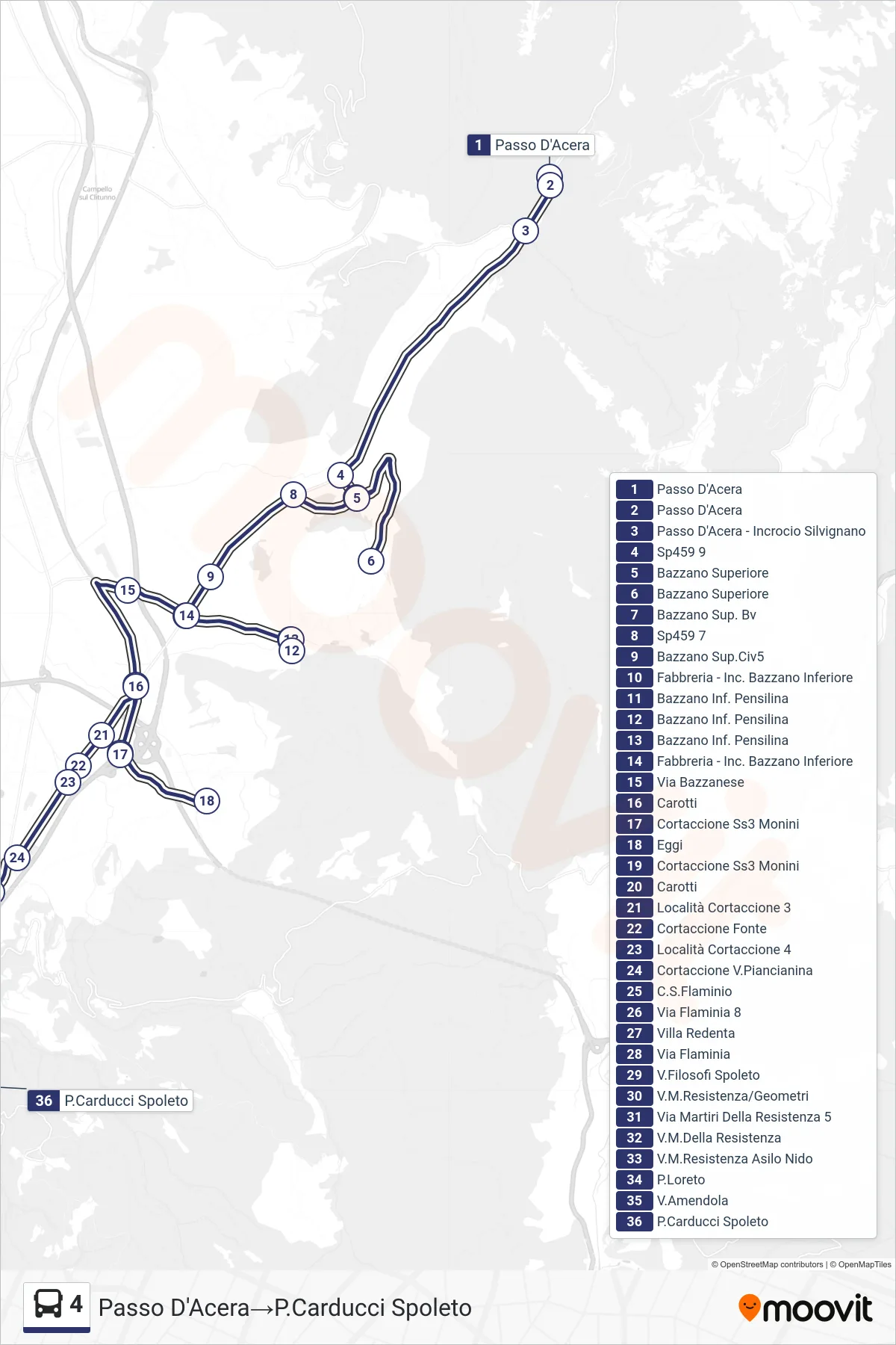 Linea 4  bus (Passo D'Acera‎→P.Carducci Spoleto) - Percorsi e fermate sulla mappa