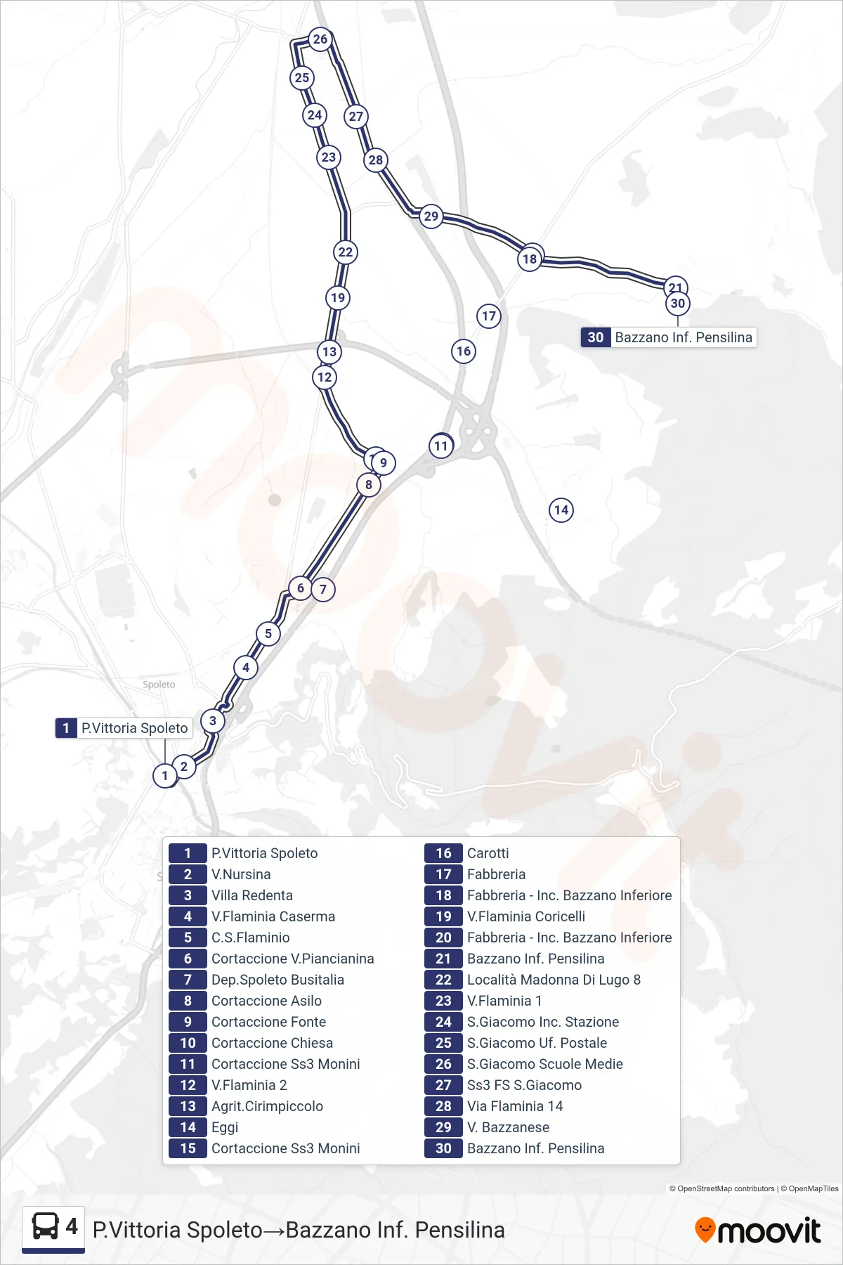 Linea 4 bus (P.Vittoria Spoleto→Bazzano Inf. Pensilina) - Percorsi e fermate sulla mappa