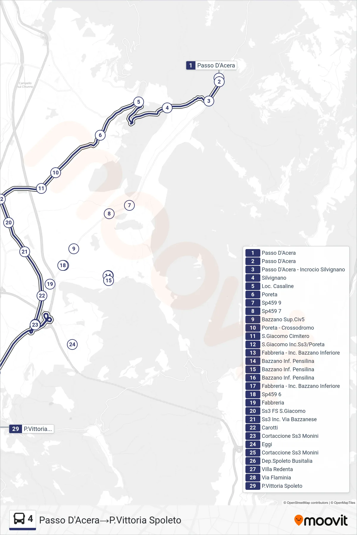 Linea 4  bus (Passo D'Acera‎→P.Vittoria Spoleto) - Percorsi e fermate sulla mappa