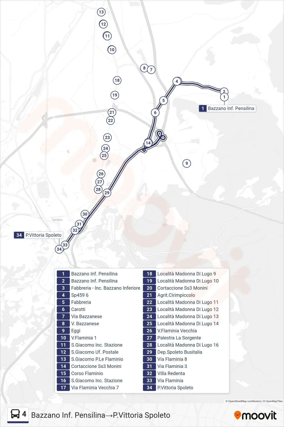 Linea 4  bus (Bazzano Inf. Pensilina‎→P.Vittoria Spoleto) - Percorsi e fermate sulla mappa