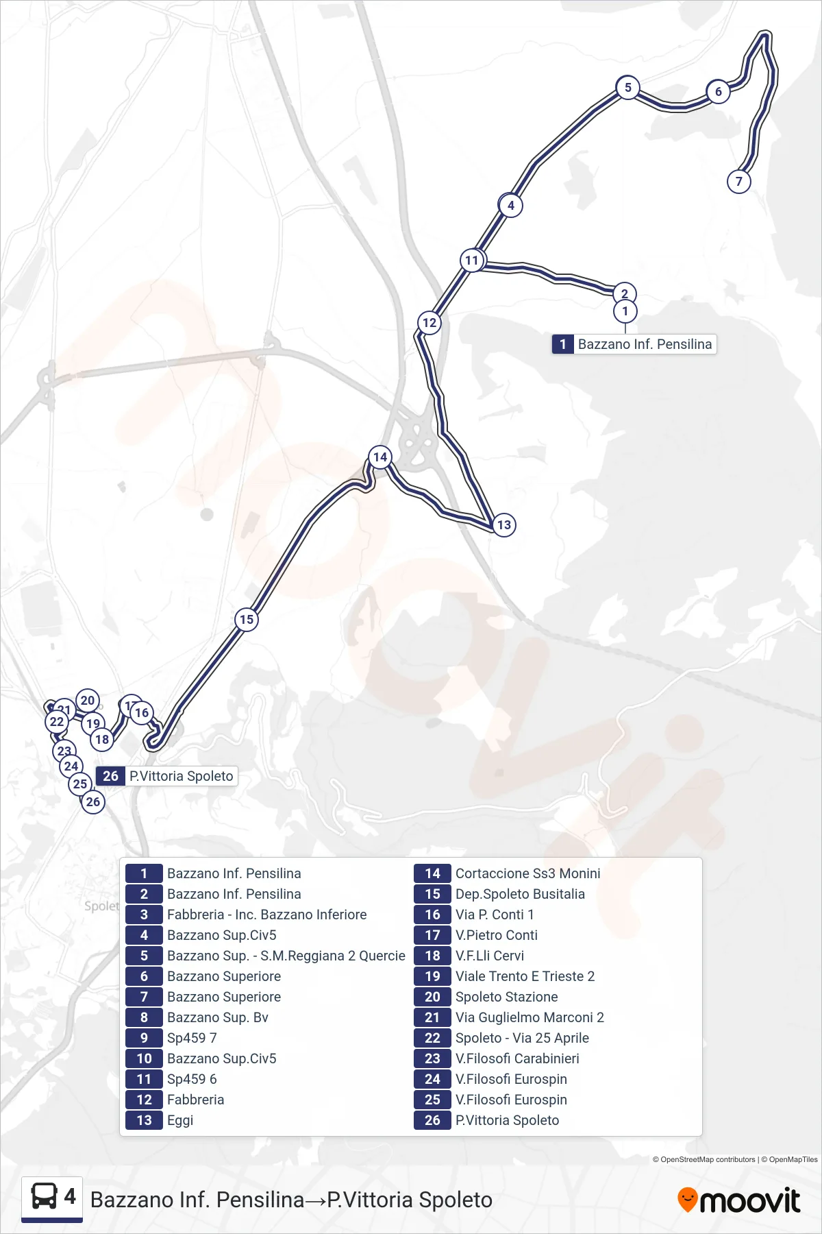 Linea 4 bus (Bazzano Inf. Pensilina→P.Vittoria Spoleto) - Percorsi e fermate sulla mappa