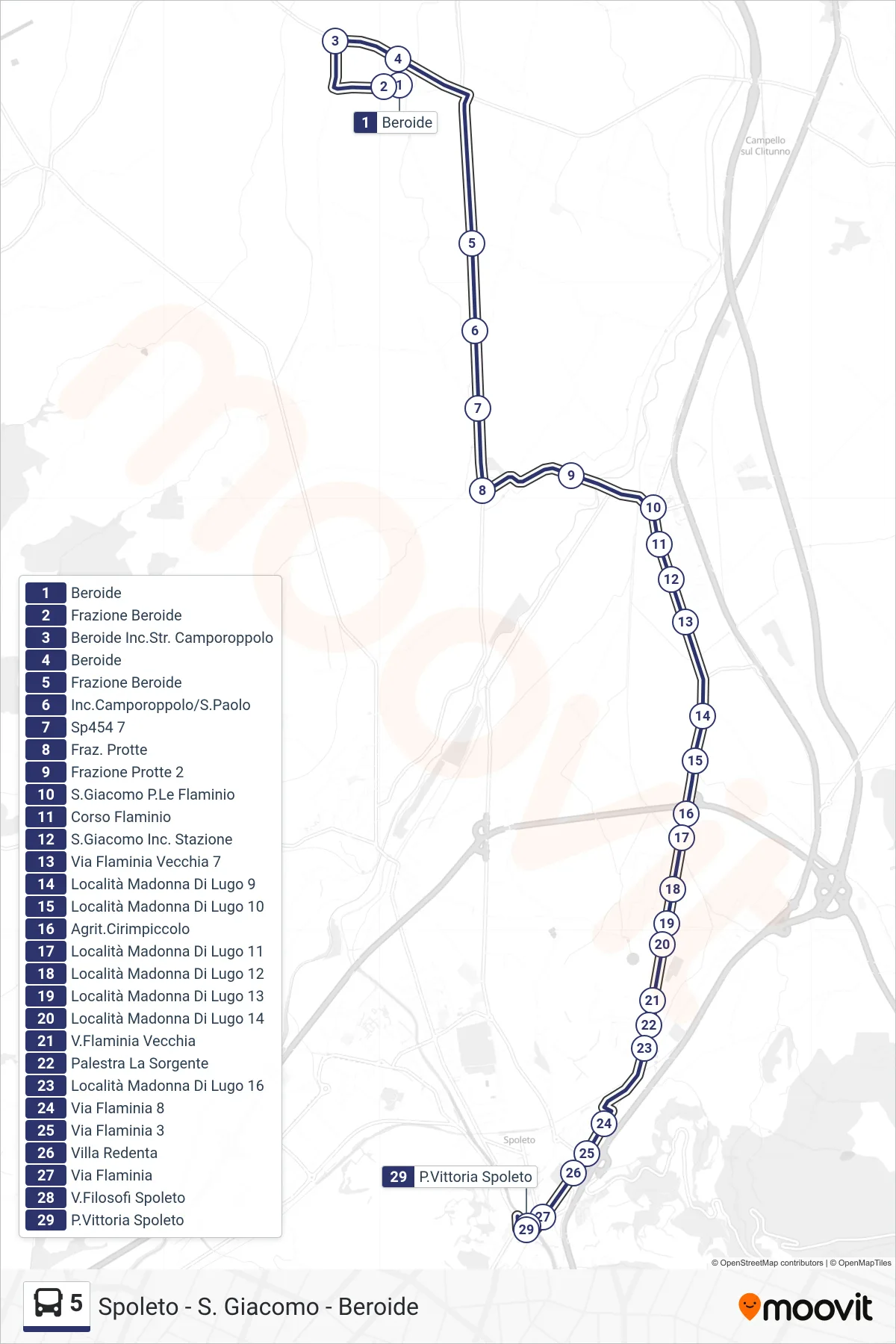Linea 5 bus (Beroide→P.Vittoria Spoleto) - Percorsi e fermate sulla mappa