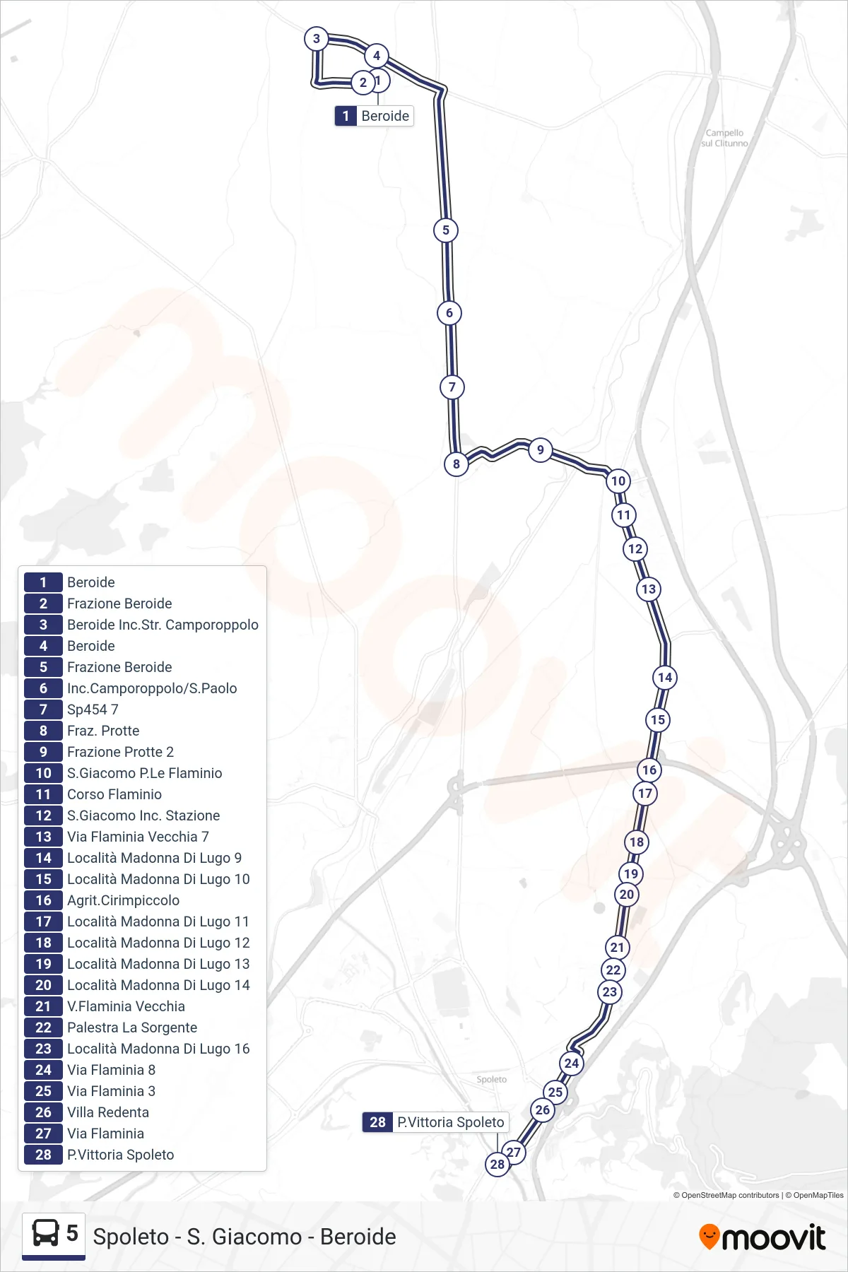Linea 5 bus (Beroide→P.Vittoria Spoleto) - Percorsi e fermate sulla mappa