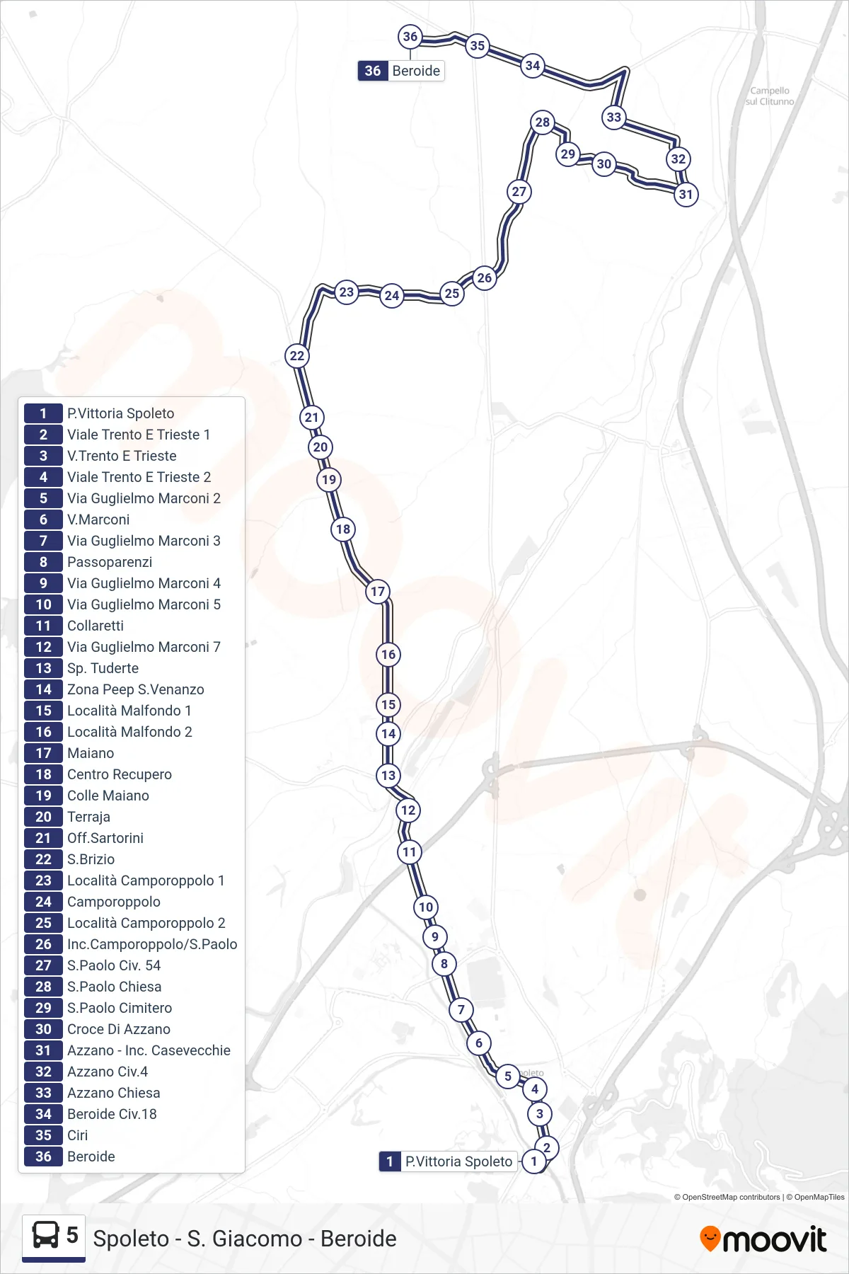 Linea 5  bus (P.Vittoria Spoleto‎→Beroide) - Percorsi e fermate sulla mappa