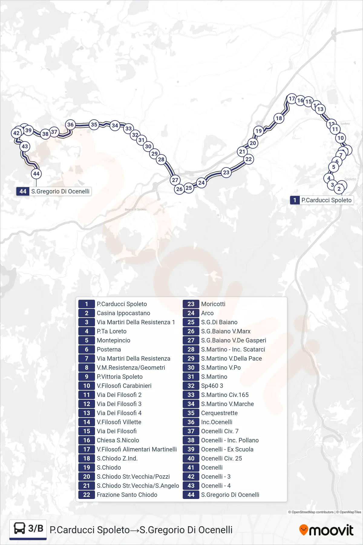 Linea 3/B bus (P.Carducci Spoleto→S.Gregorio Di Ocenelli) - Percorsi e fermate sulla mappa