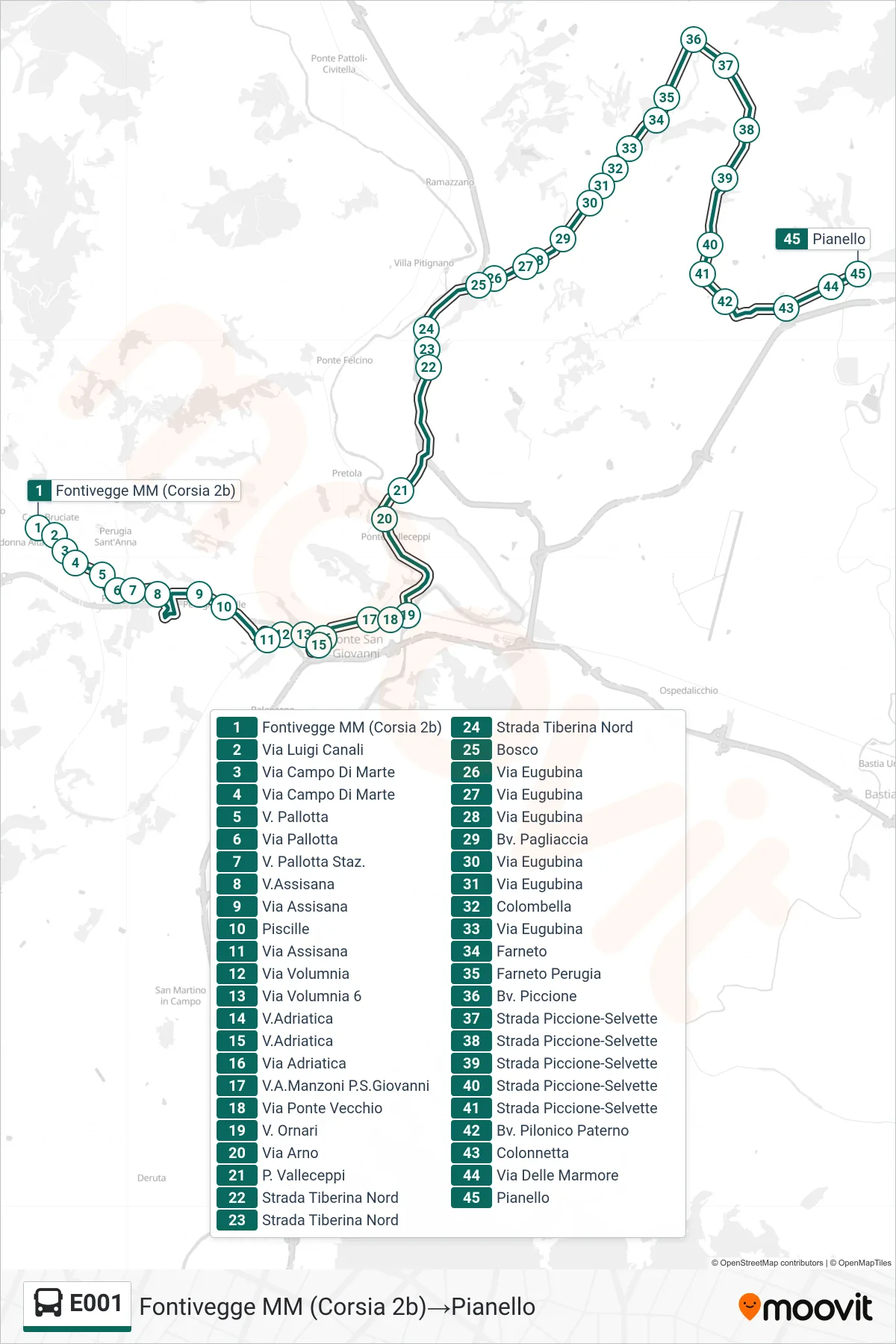 Linea E001 bus (Fontivegge MM (Corsia 2b)→Pianello) - Percorsi e fermate sulla mappa