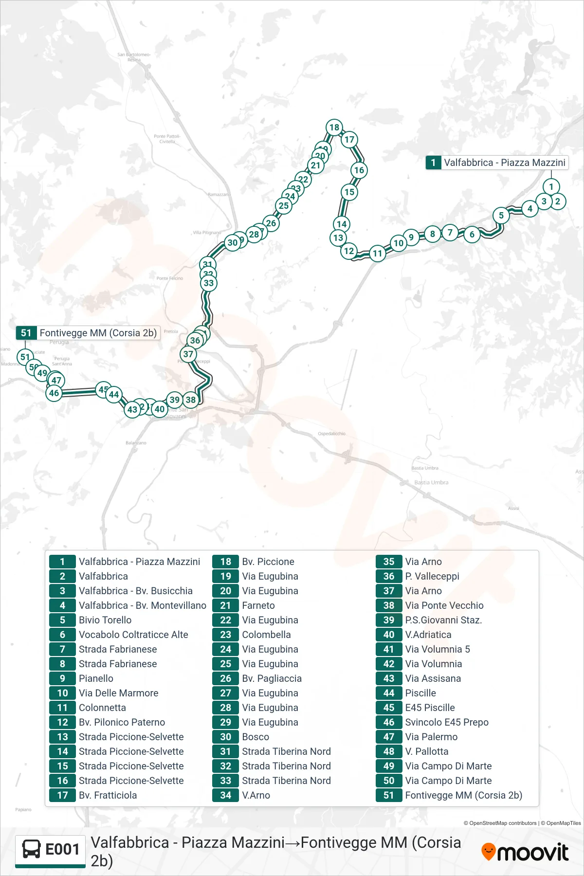 Linea E001 bus (Valfabbrica - Piazza Mazzini→Fontivegge MM (Corsia 2b)) - Percorsi e fermate sulla mappa