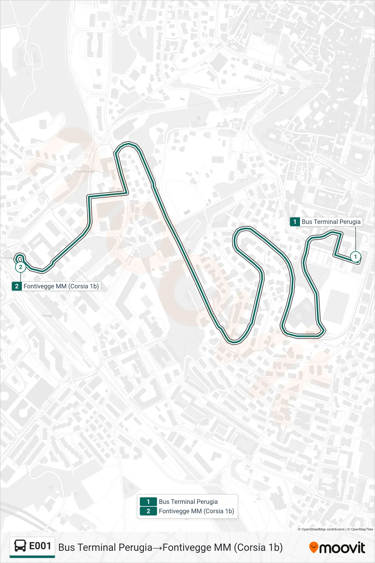 Linea E001 bus (Bus Terminal Perugia→Fontivegge MM (Corsia 1b)) - Percorsi e fermate sulla mappa