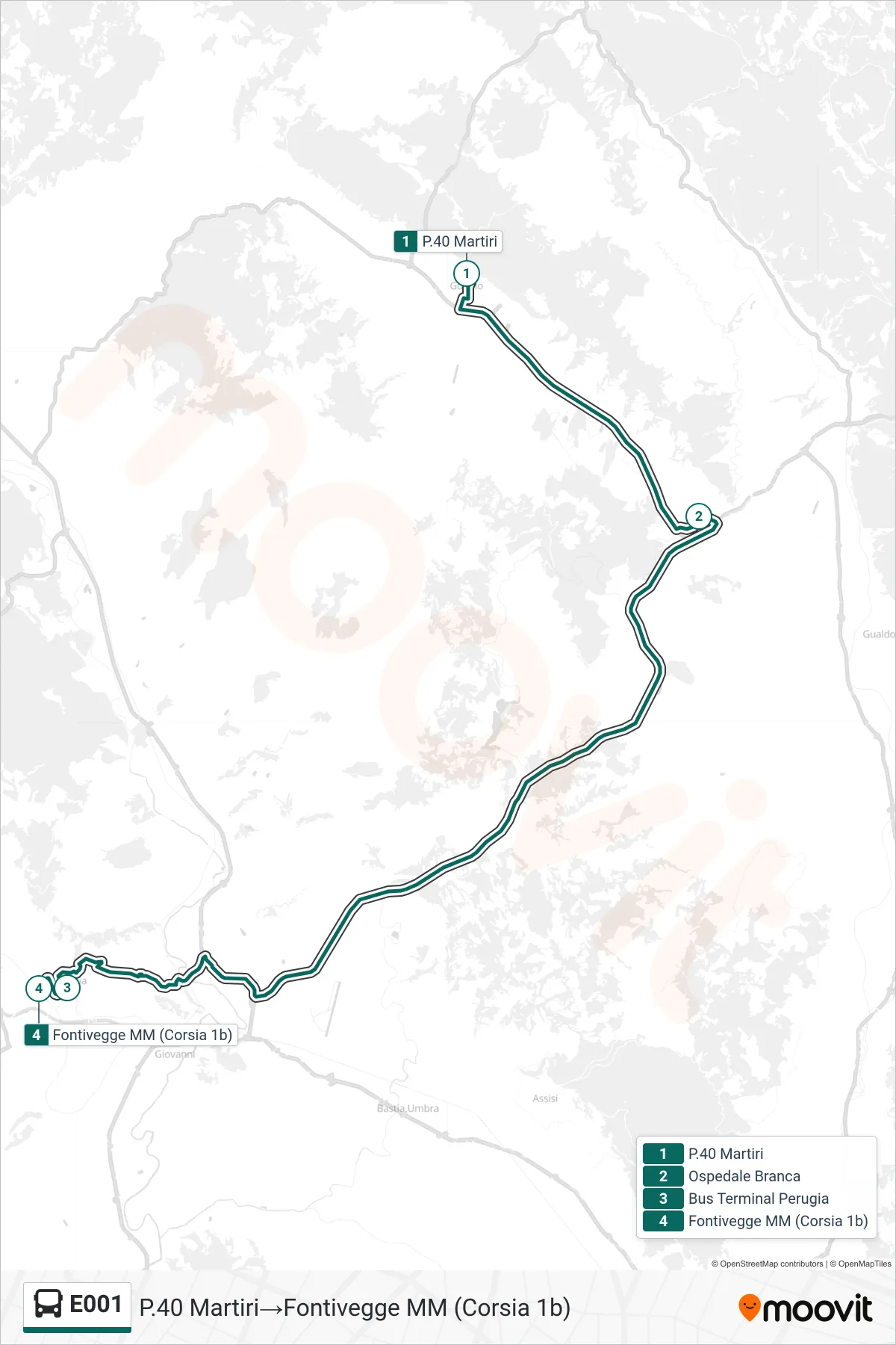 Linea E001 bus (P.40 Martiri→Fontivegge MM (Corsia 1b)) - Percorsi e fermate sulla mappa
