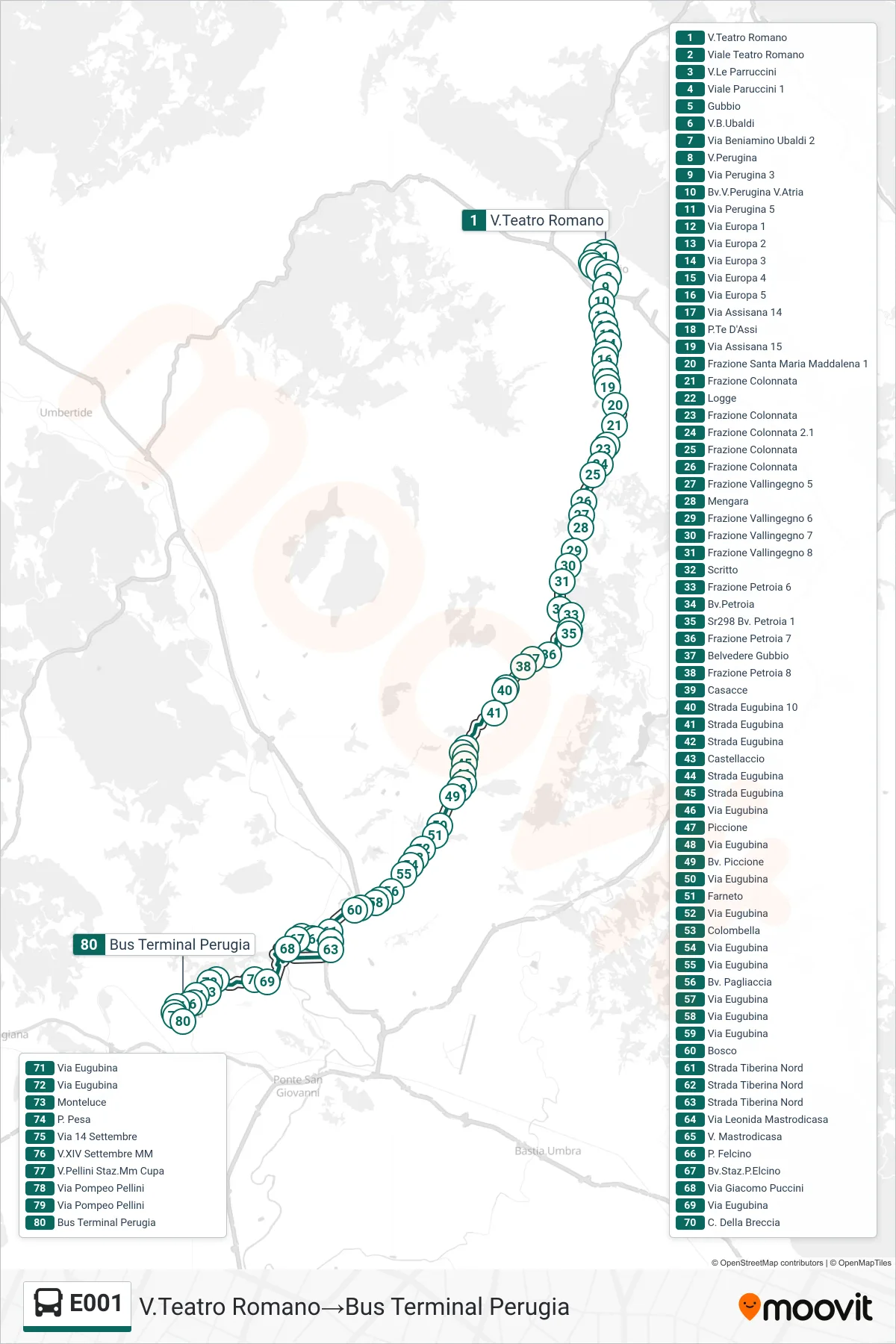 Linea E001  bus (V.Teatro Romano‎→Bus Terminal Perugia) - Percorsi e fermate sulla mappa