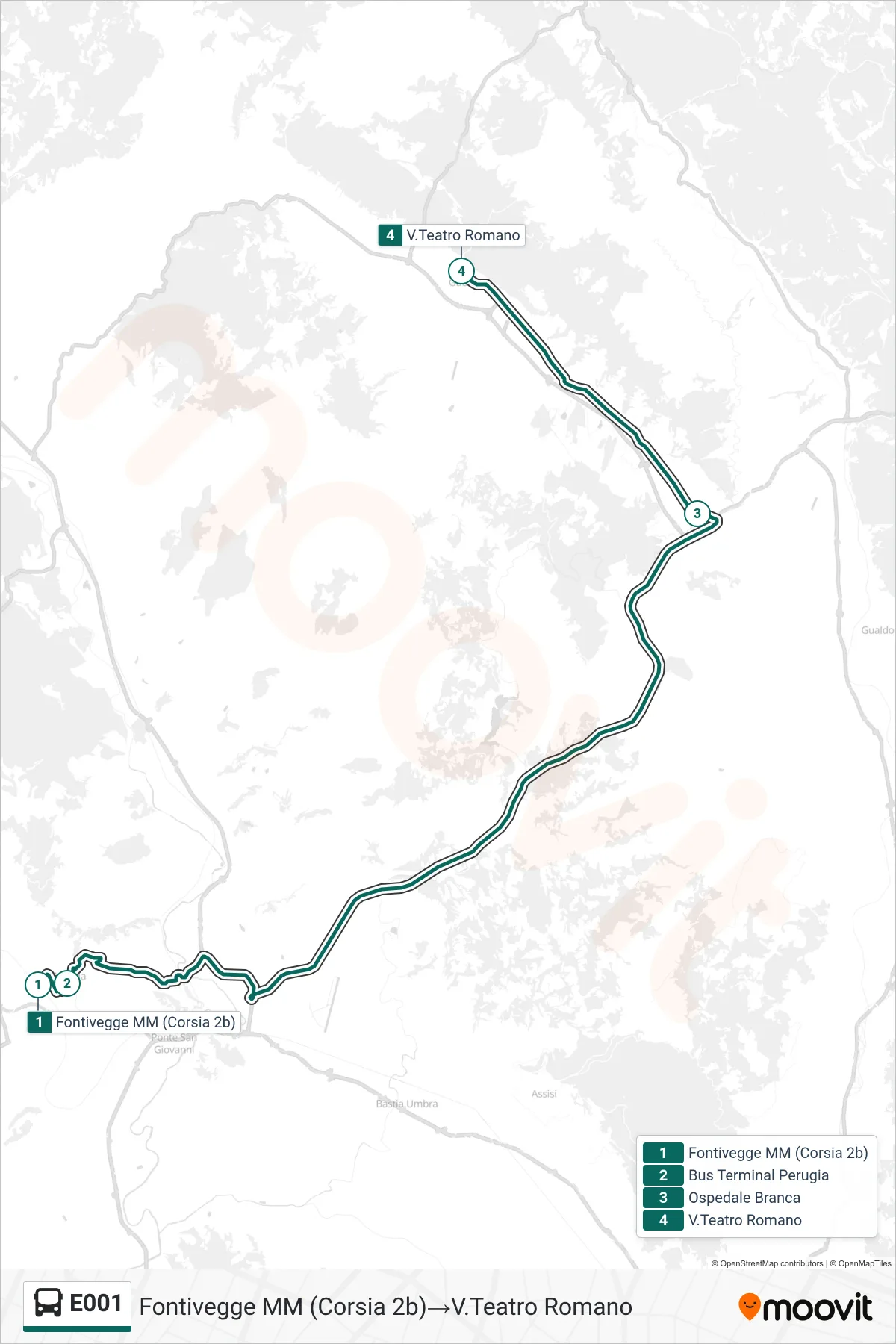 Linea E001 bus (Fontivegge MM (Corsia 2b)→V.Teatro Romano) - Percorsi e fermate sulla mappa