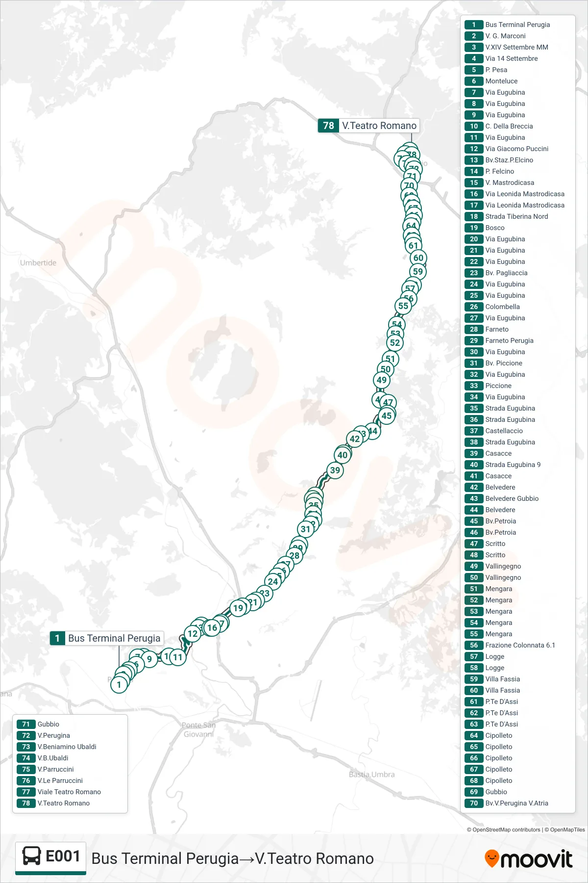 Linea E001 bus (Bus Terminal Perugia→V.Teatro Romano) - Percorsi e fermate sulla mappa