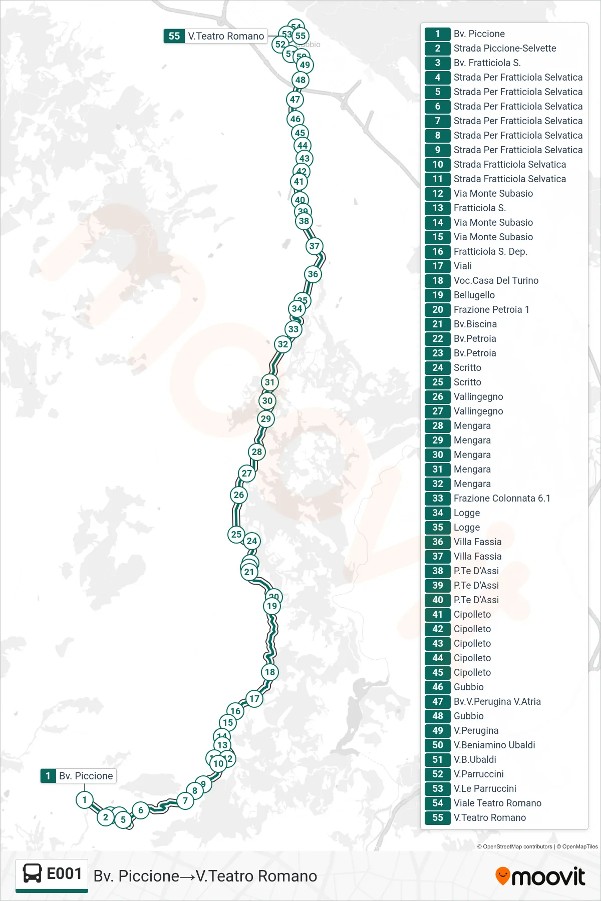 Linea E001 bus (Bv. Piccione→V.Teatro Romano) - Percorsi e fermate sulla mappa