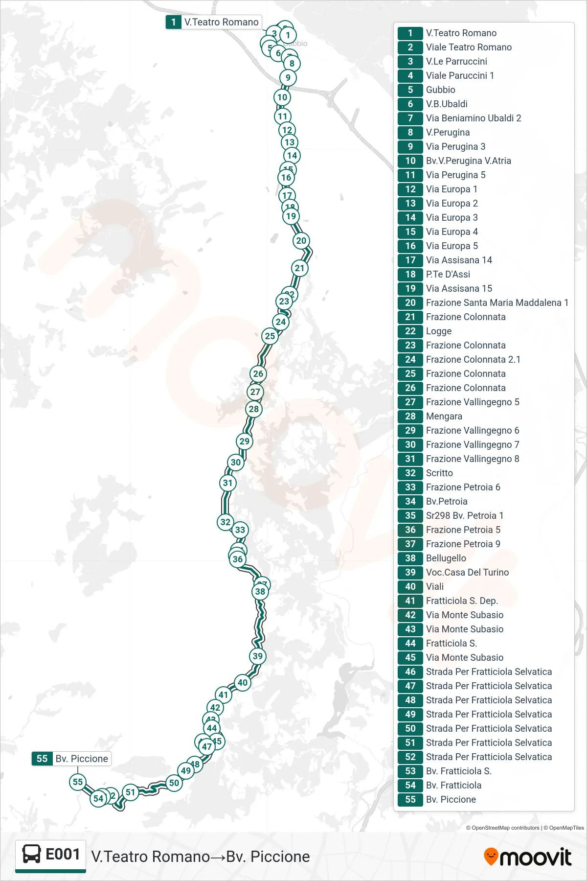 Linea E001 bus (V.Teatro Romano→Bv. Piccione) - Percorsi e fermate sulla mappa
