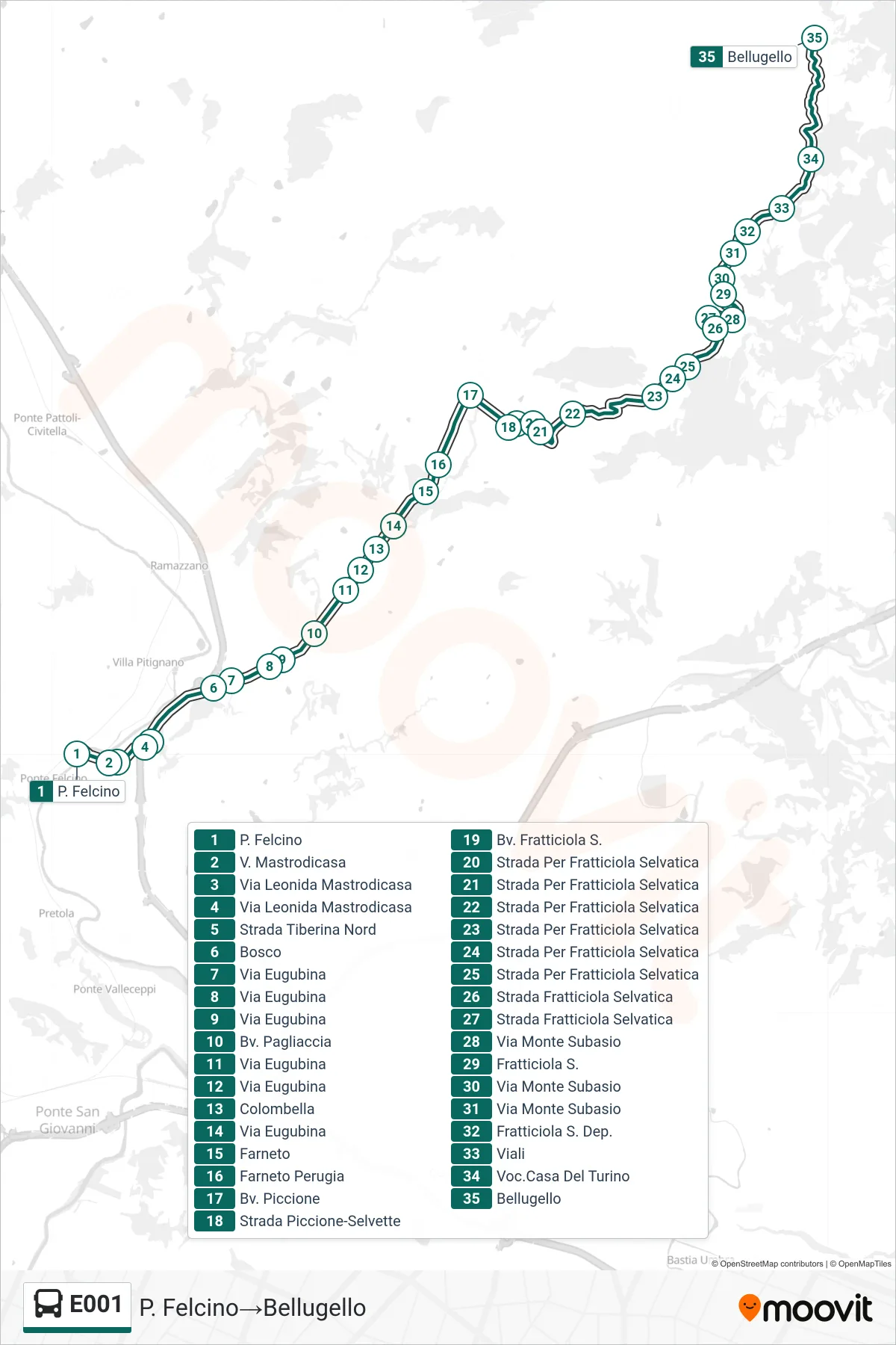 Linea E001 bus (P. Felcino→Bellugello) - Percorsi e fermate sulla mappa