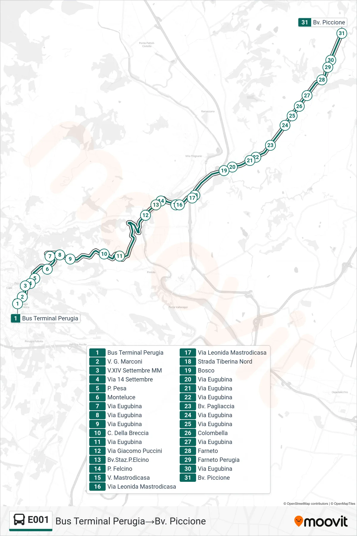 Linea E001 bus (Bus Terminal Perugia→Bv. Piccione) - Percorsi e fermate sulla mappa