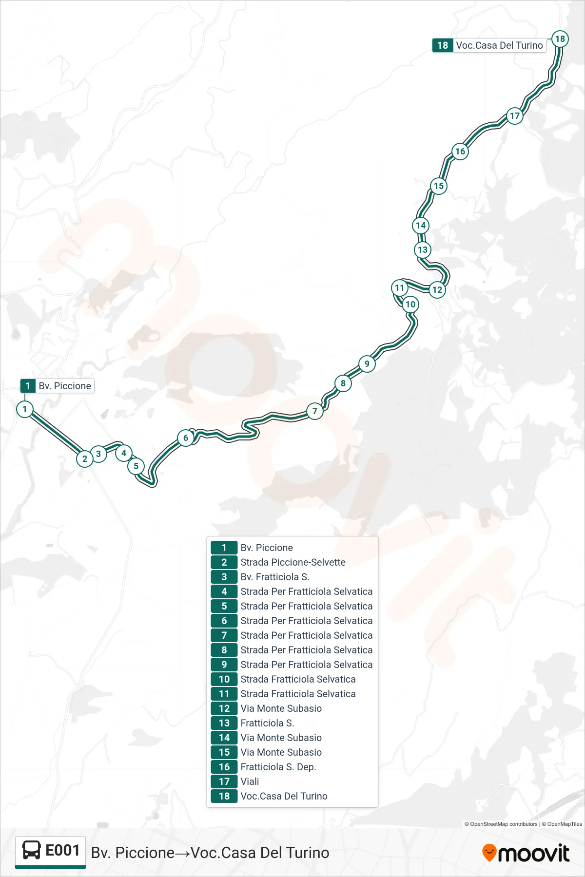 Linea E001 bus (Bv. Piccione→Voc.Casa Del Turino) - Percorsi e fermate sulla mappa
