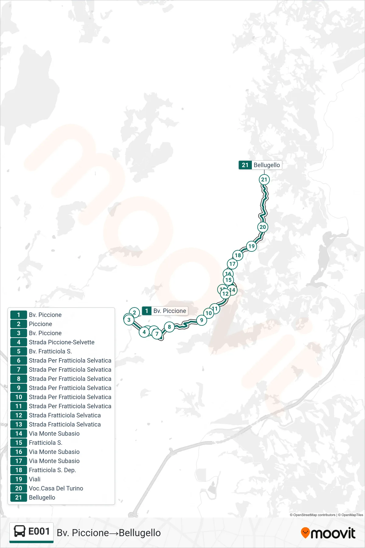 Linea E001 bus (Bv. Piccione→Bellugello) - Percorsi e fermate sulla mappa
