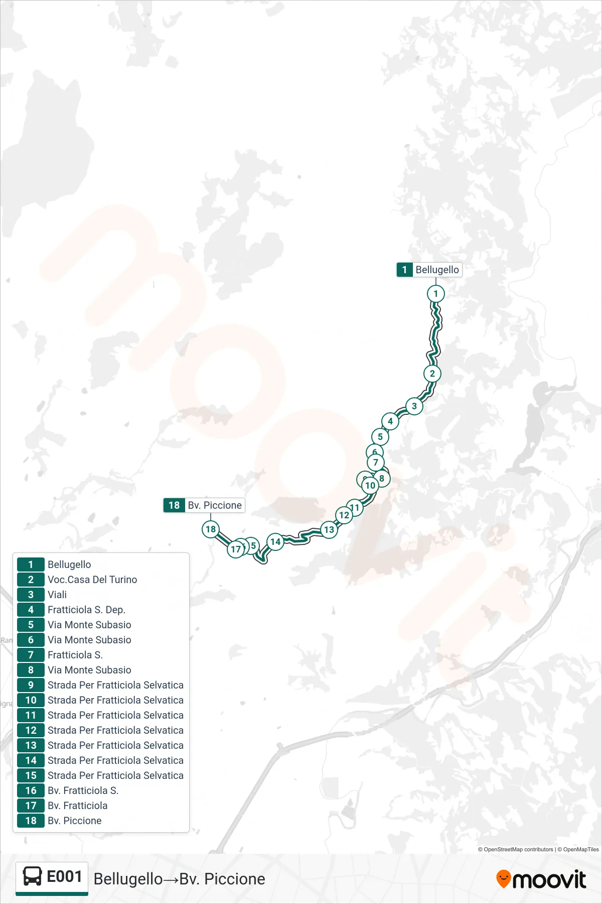 Linea E001  bus (Bellugello‎→Bv. Piccione) - Percorsi e fermate sulla mappa