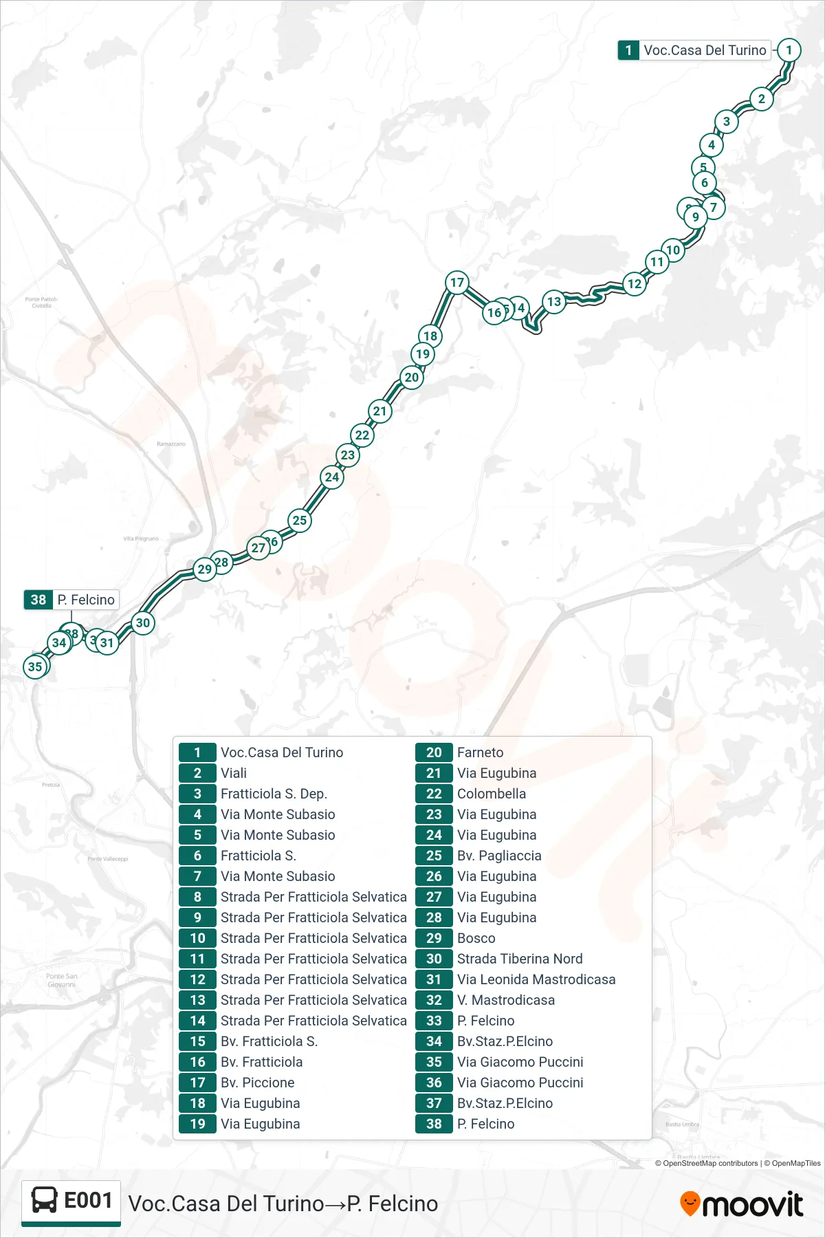 Linea E001 bus (Voc.Casa Del Turino→P. Felcino) - Percorsi e fermate sulla mappa