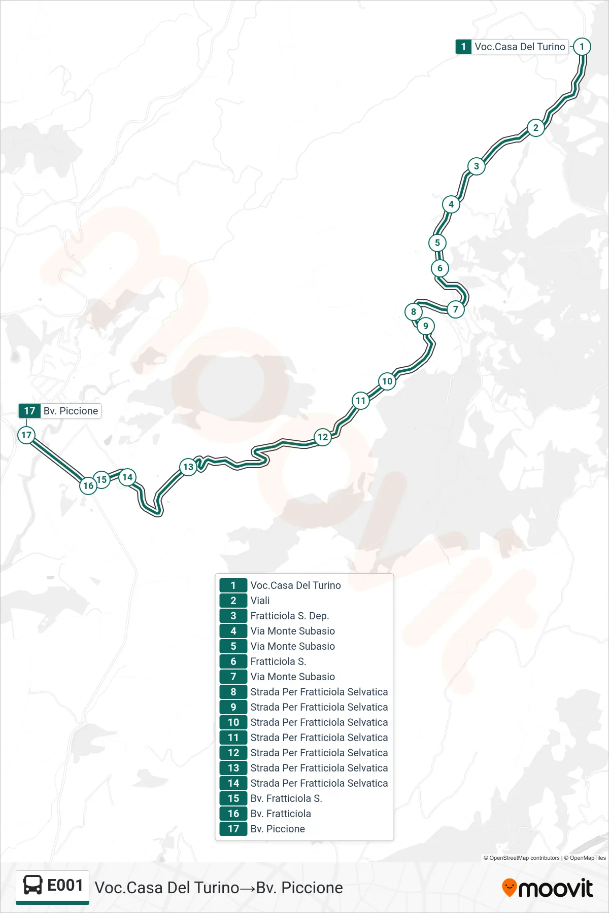 Linea E001 bus (Voc.Casa Del Turino→Bv. Piccione) - Percorsi e fermate sulla mappa