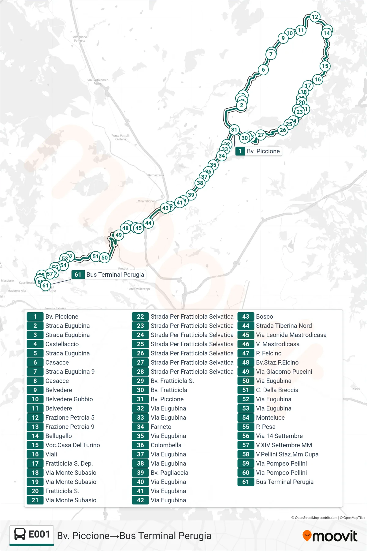 Linea E001 bus (Bv. Piccione→Bus Terminal Perugia) - Percorsi e fermate sulla mappa