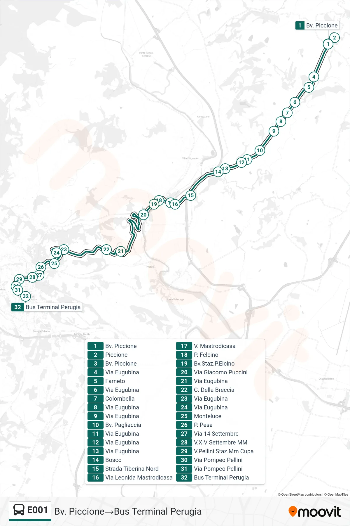 Linea E001  bus (Bv. Piccione‎→Bus Terminal Perugia) - Percorsi e fermate sulla mappa