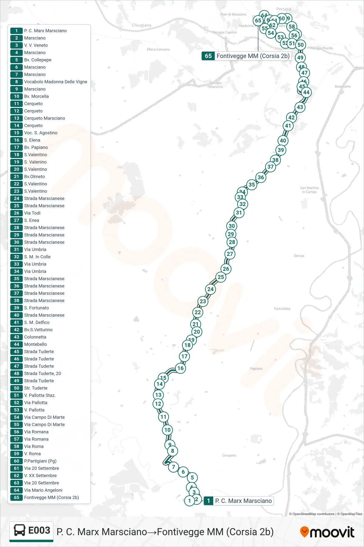 Linea E003 bus (P. C. Marx Marsciano→Fontivegge MM (Corsia 2b)) - Percorsi e fermate sulla mappa