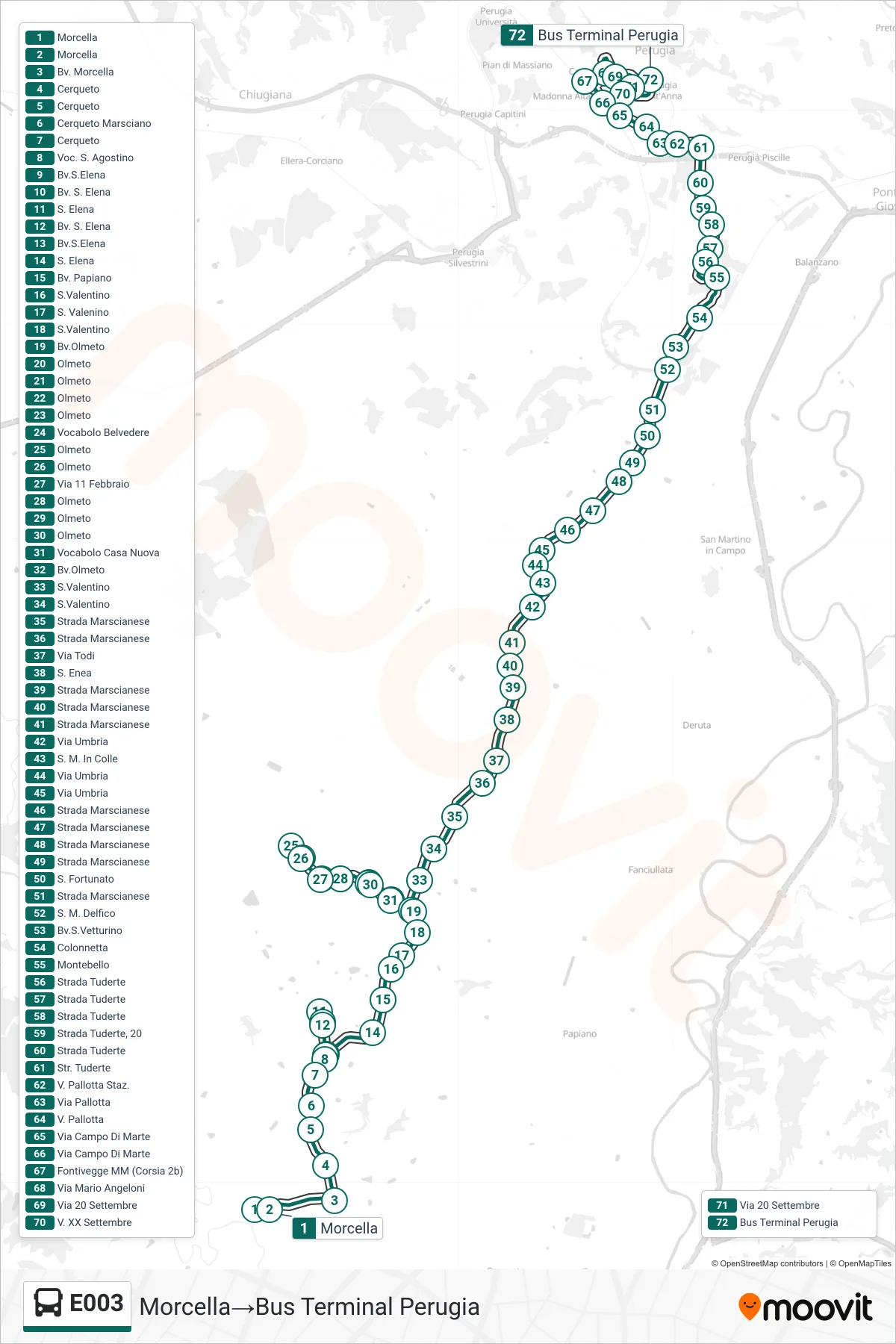 Linea E003  bus (Morcella‎→Bus Terminal Perugia) - Percorsi e fermate sulla mappa