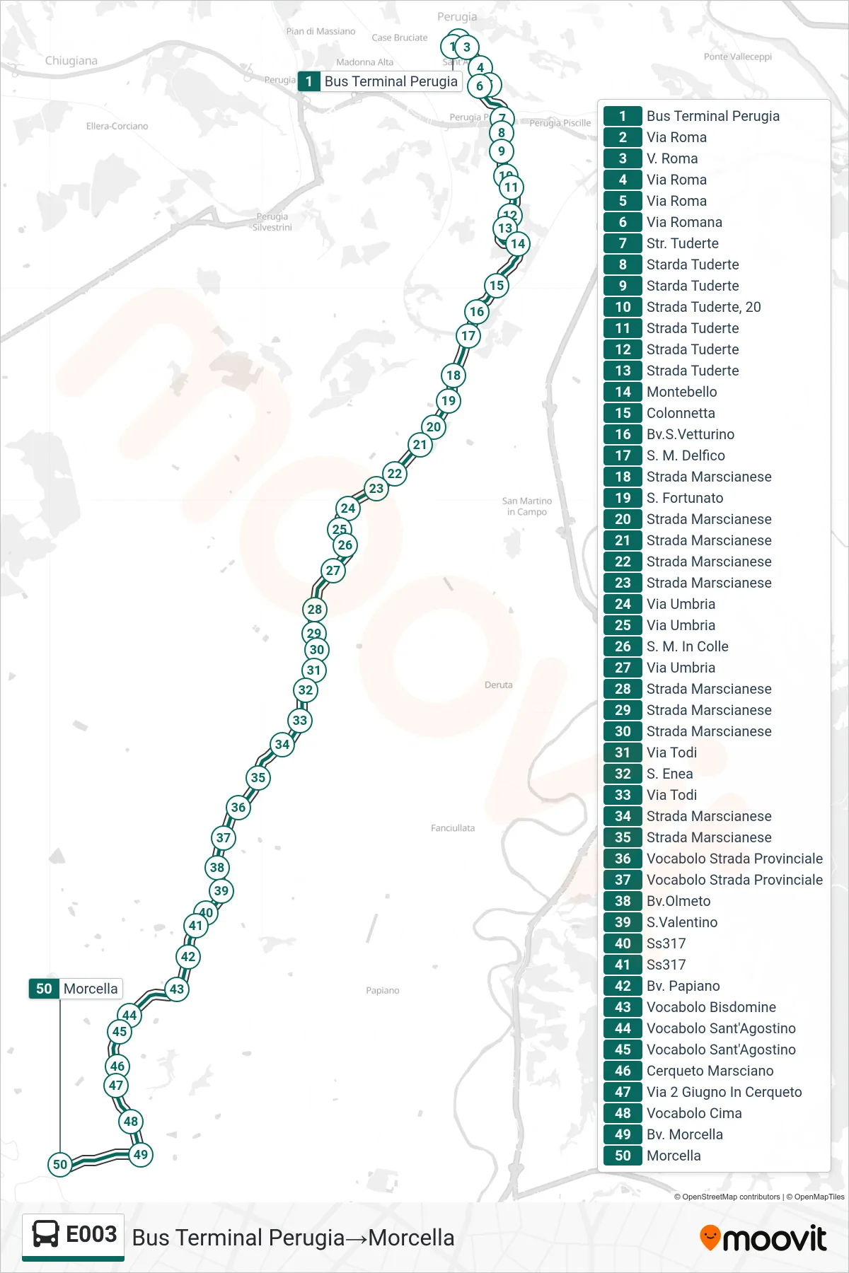 Linea E003 bus (Bus Terminal Perugia→Morcella) - Percorsi e fermate sulla mappa