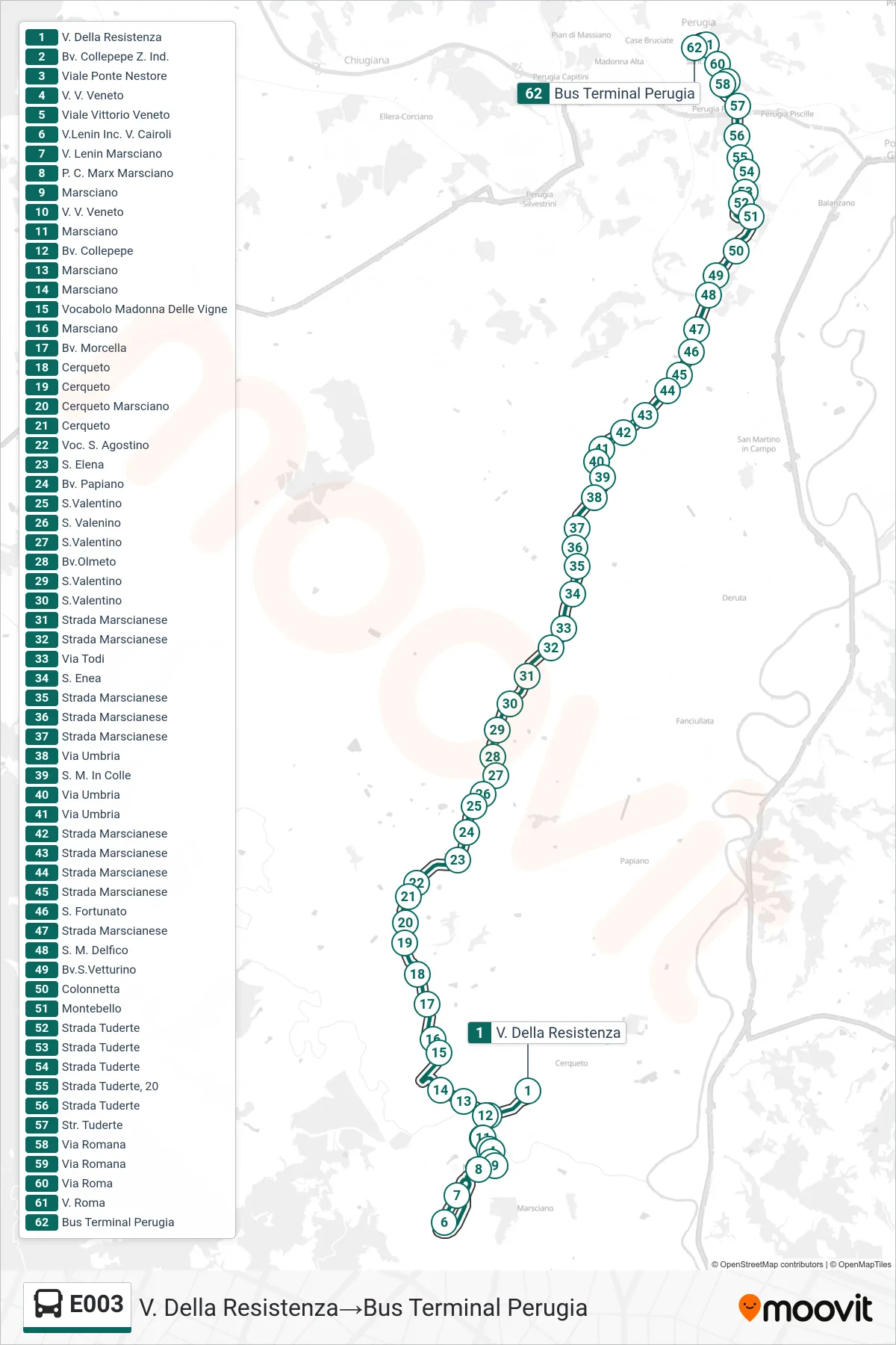 Linea E003 bus (V. Della Resistenza→Bus Terminal Perugia) - Percorsi e fermate sulla mappa