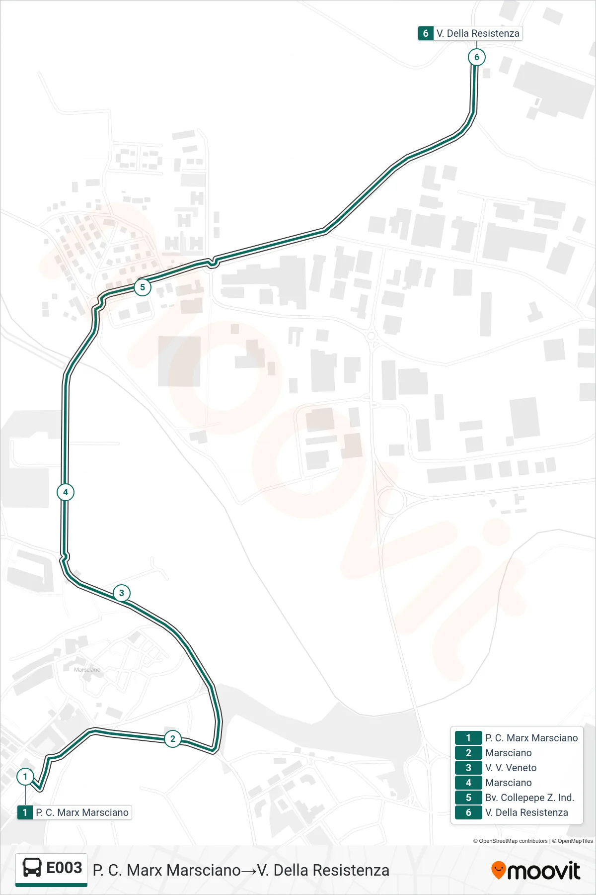 E003 bus Line (Piazza Karl Marx Marsciano→Resistance Street) route and stops on a map