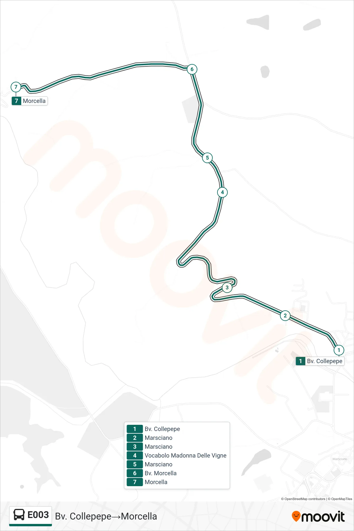 E003 bus Line (Collepepe Junction→Morcella) route and stops on a map