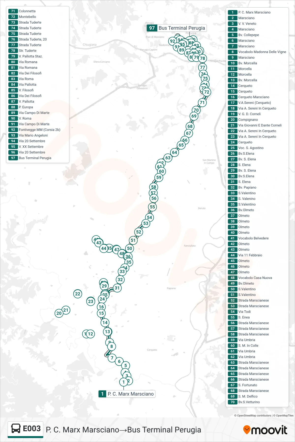 Linea E003  bus (P. C. Marx Marsciano‎→Bus Terminal Perugia) - Percorsi e fermate sulla mappa