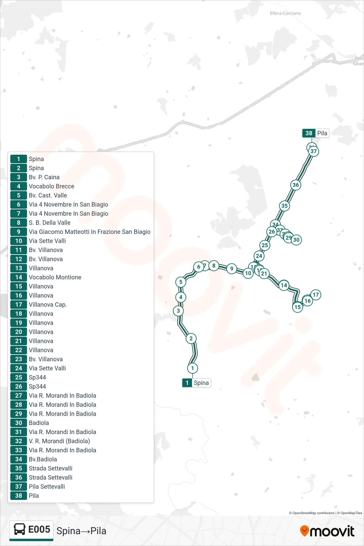 E005 bus Line (Spina→Pila) route and stops on a map