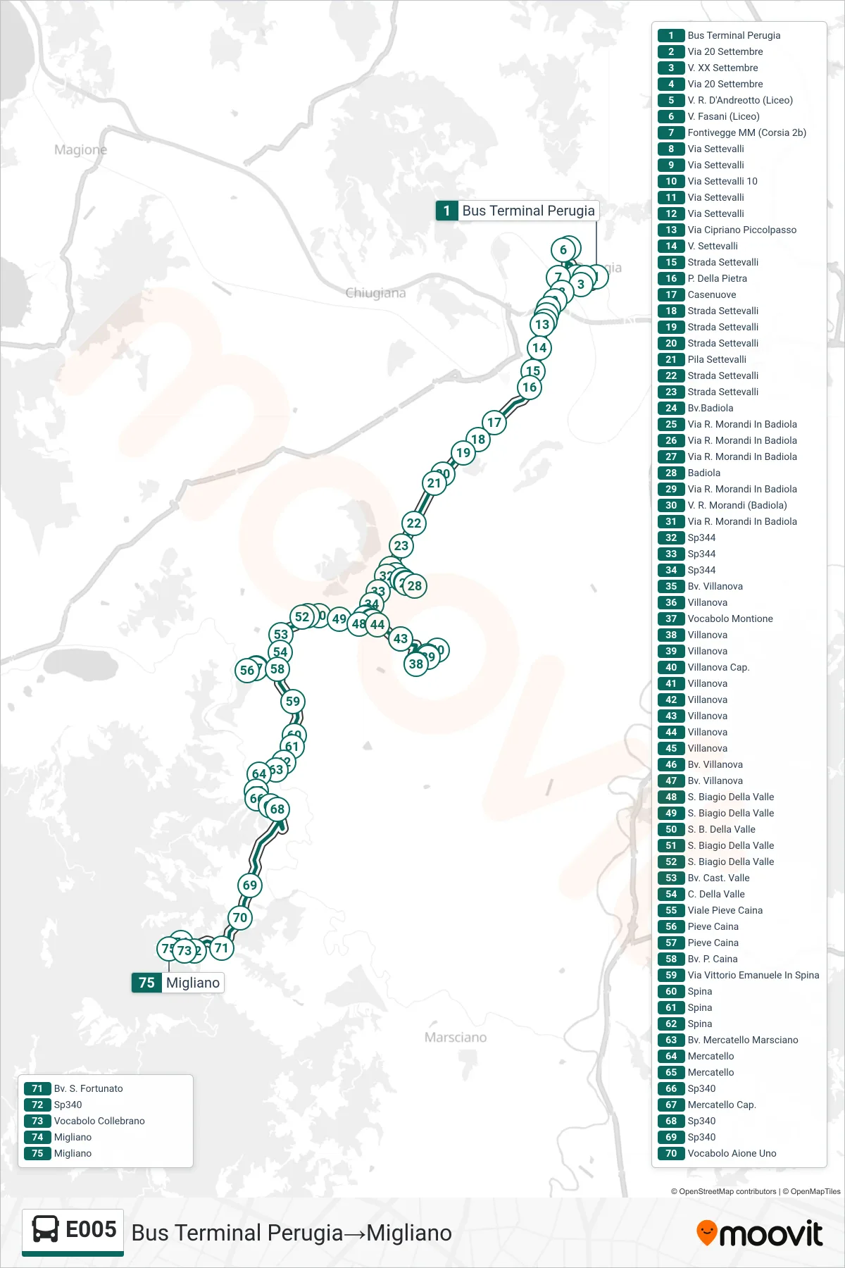 Linea E005 bus (Bus Terminal Perugia→Migliano) - Percorsi e fermate sulla mappa